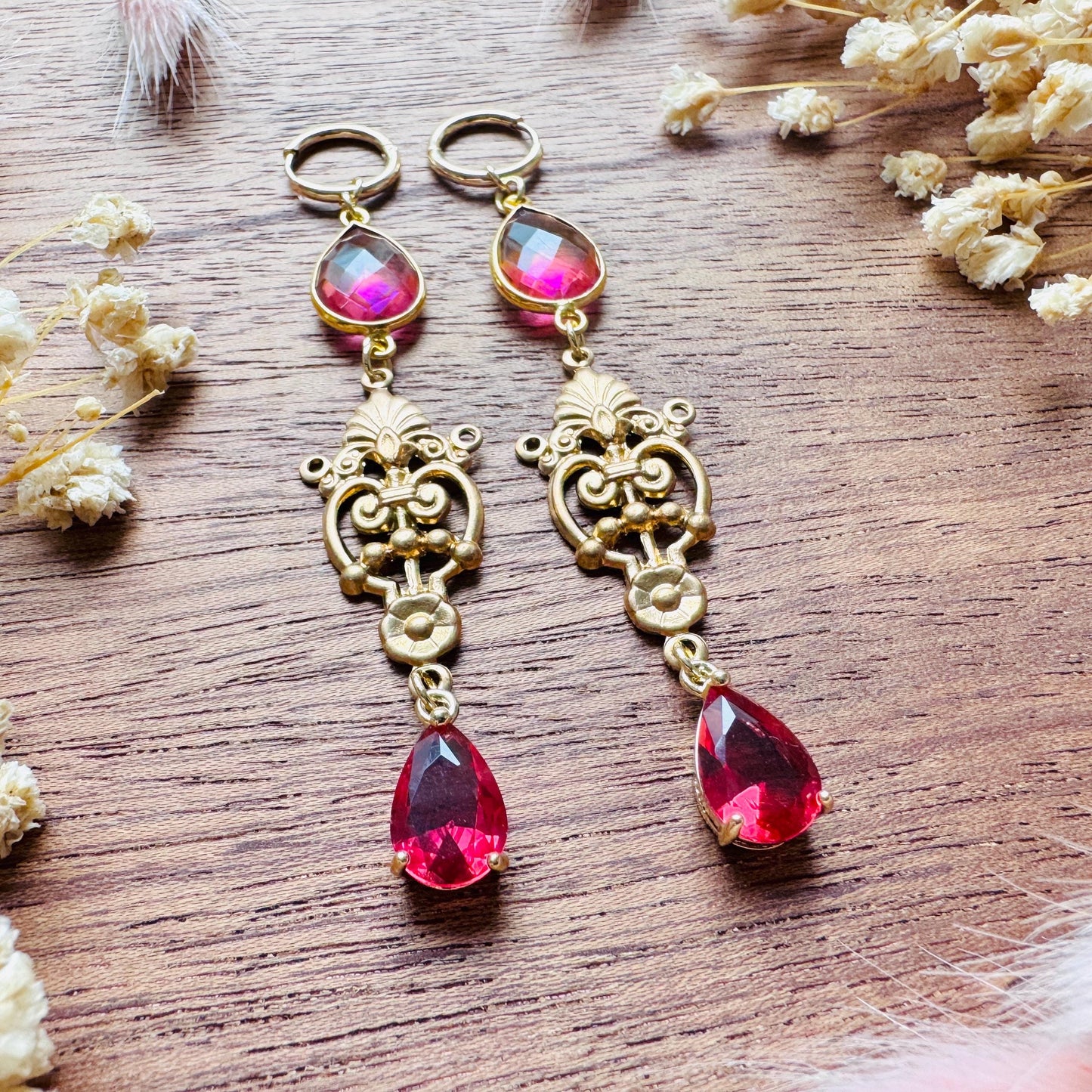 Quartz Earrings, Huggie Hoops, Red Earrings, Vintage Style Earrings, Boho Chic Earrings, Cottagecore Jewelry, Witchy Gifts for Her, Brass