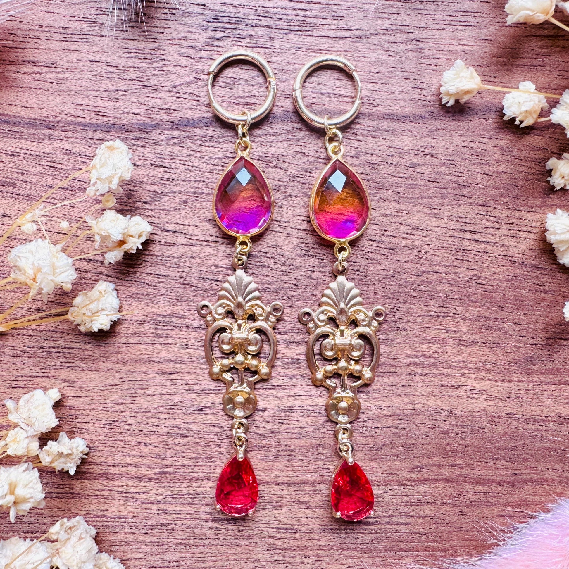 Quartz Earrings, Huggie Hoops, Red Earrings, Vintage Style Earrings, Boho Chic Earrings, Cottagecore Jewelry, Witchy Gifts for Her, Brass
