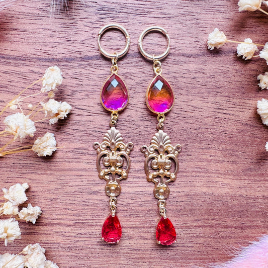 Quartz Earrings, Huggie Hoops, Red Earrings, Vintage Style Earrings, Boho Chic Earrings, Cottagecore Jewelry, Witchy Gifts for Her, Brass