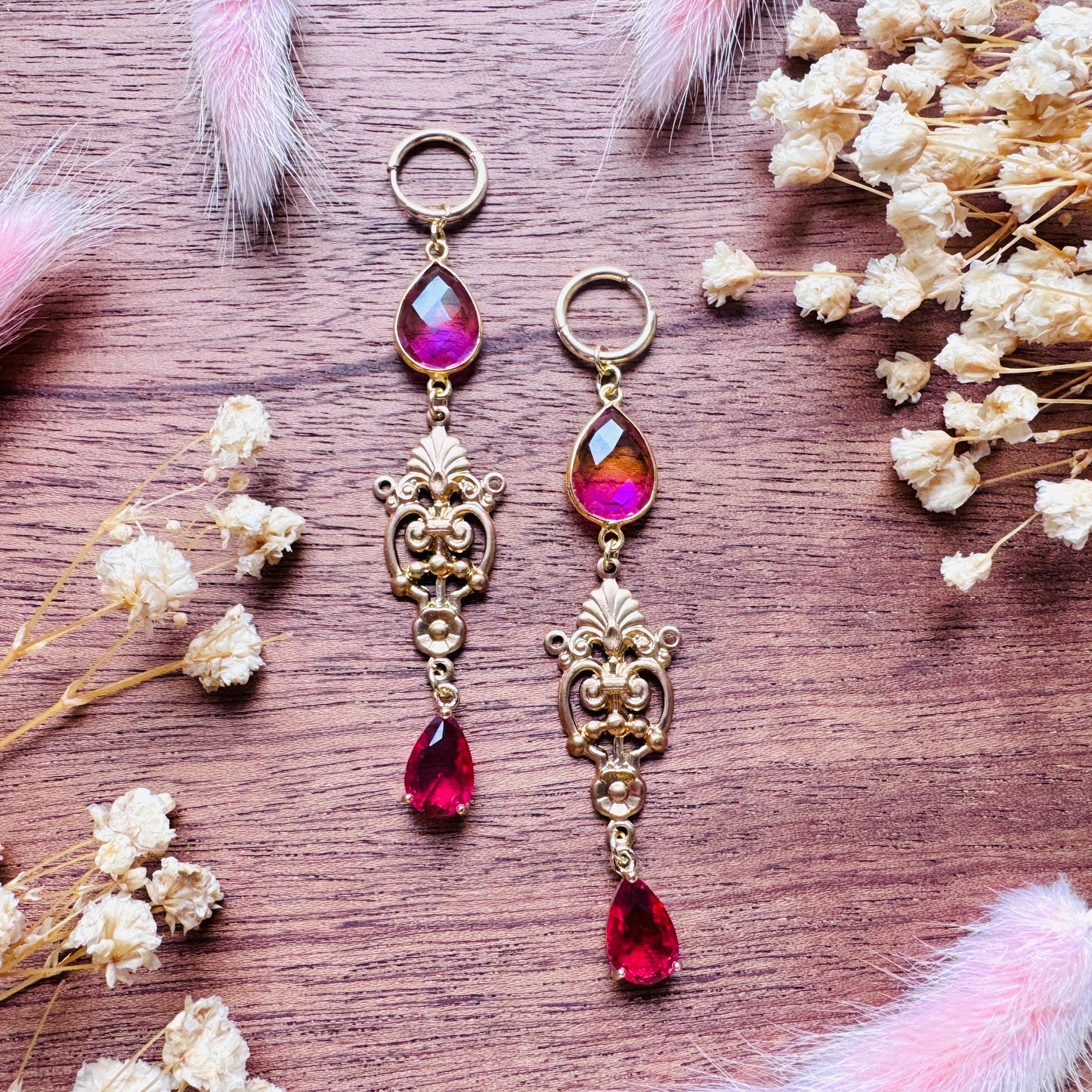 Quartz Earrings, Huggie Hoops, Red Earrings, Vintage Style Earrings, Boho Chic Earrings, Cottagecore Jewelry, Witchy Gifts for Her, Brass