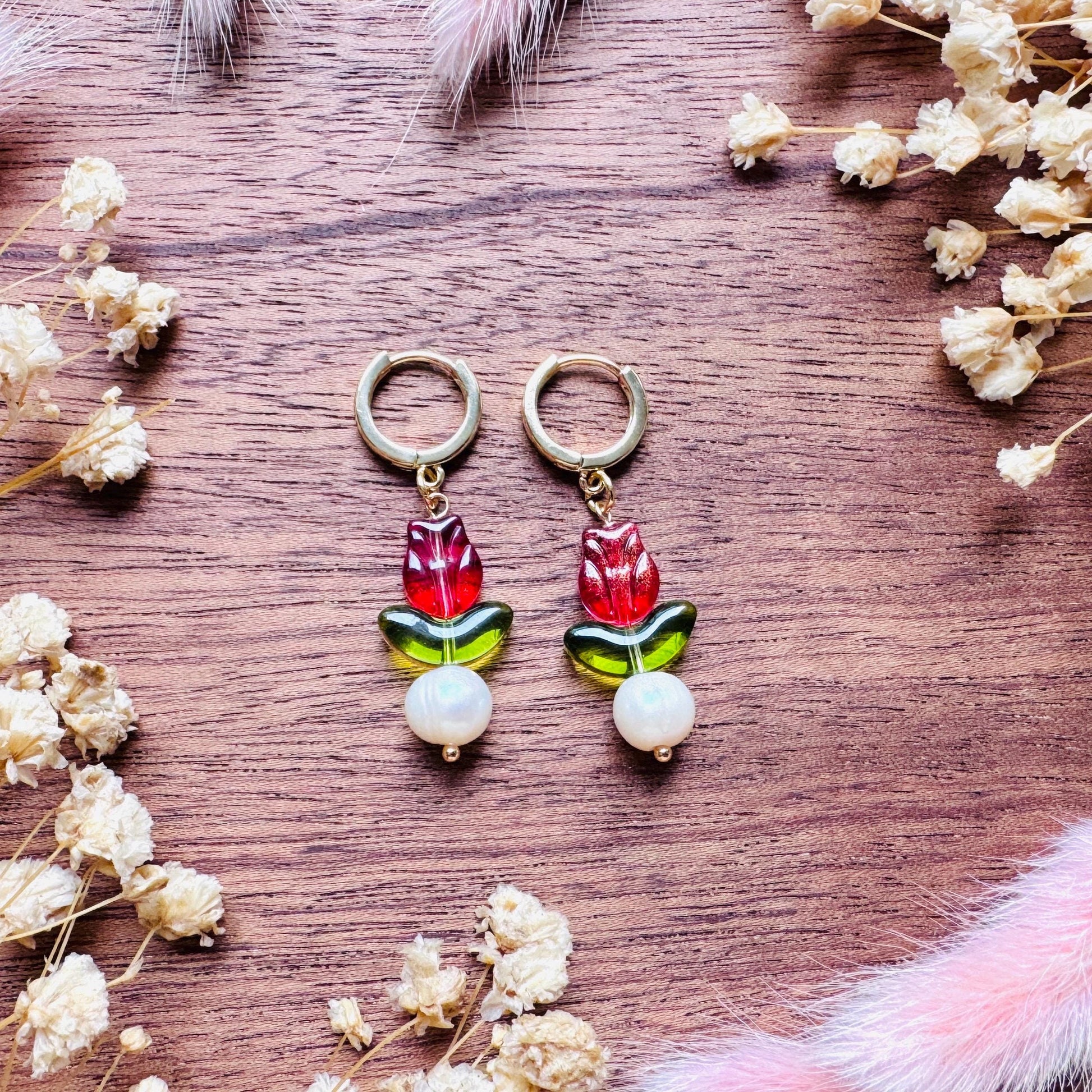 Flower Earrings, Tulip Earrings, Huggie Hoop, Botanical Earrings, Cottagecore Jewelry, Witchy Gifts for Her, Anniversary Gift for Girlfriend
