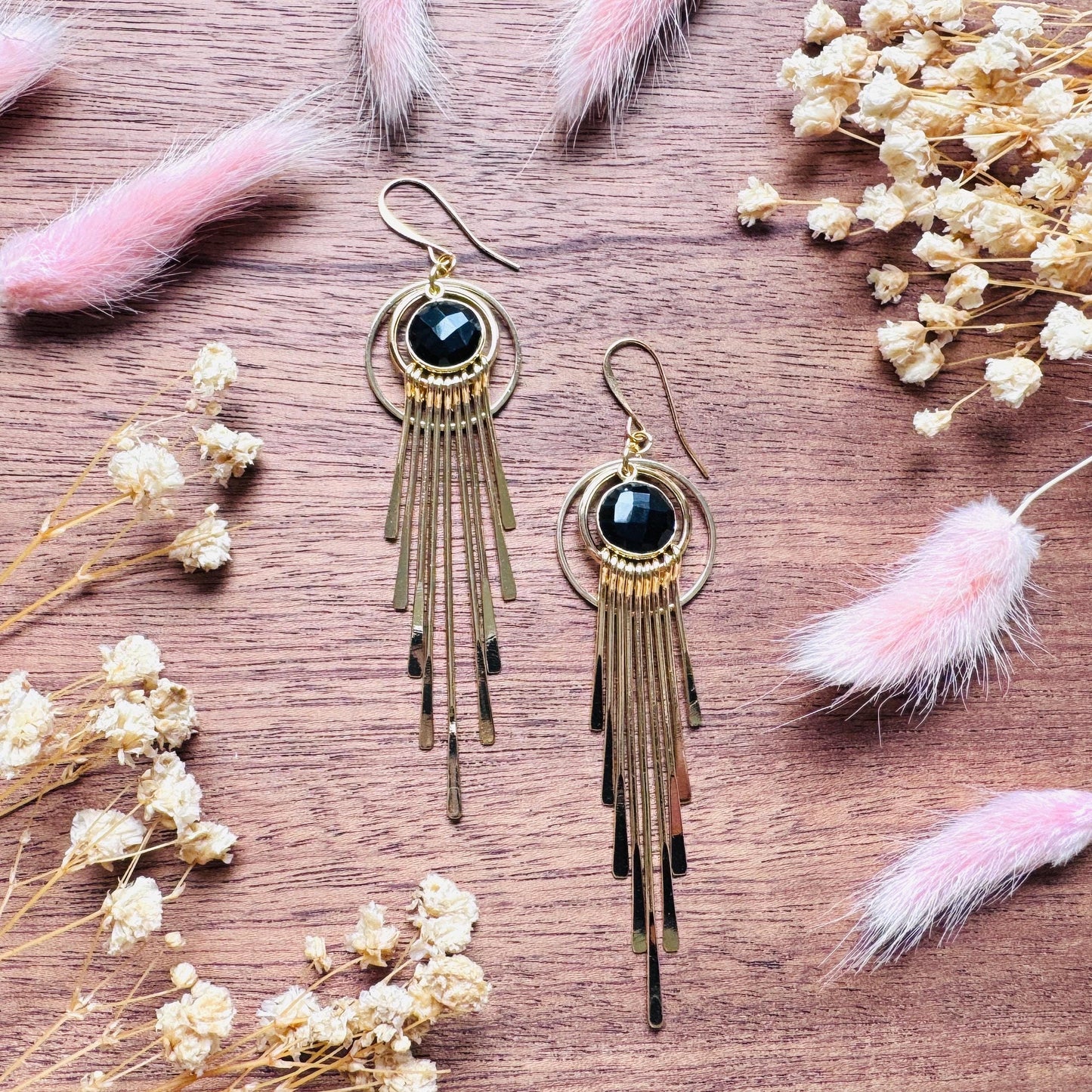 Onyx Earrings Dangle, Fringe Earrings, Witchy Earrings, Boho Earrings Gold, Gemstone Earrings, Art Deco Earrings, Bridal Jewelry, Black