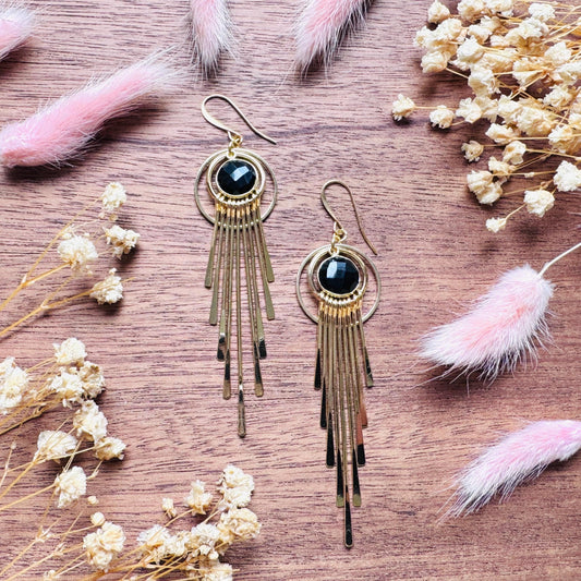 Onyx Earrings Dangle, Fringe Earrings, Witchy Earrings, Boho Earrings Gold, Gemstone Earrings, Art Deco Earrings, Bridal Jewelry, Black