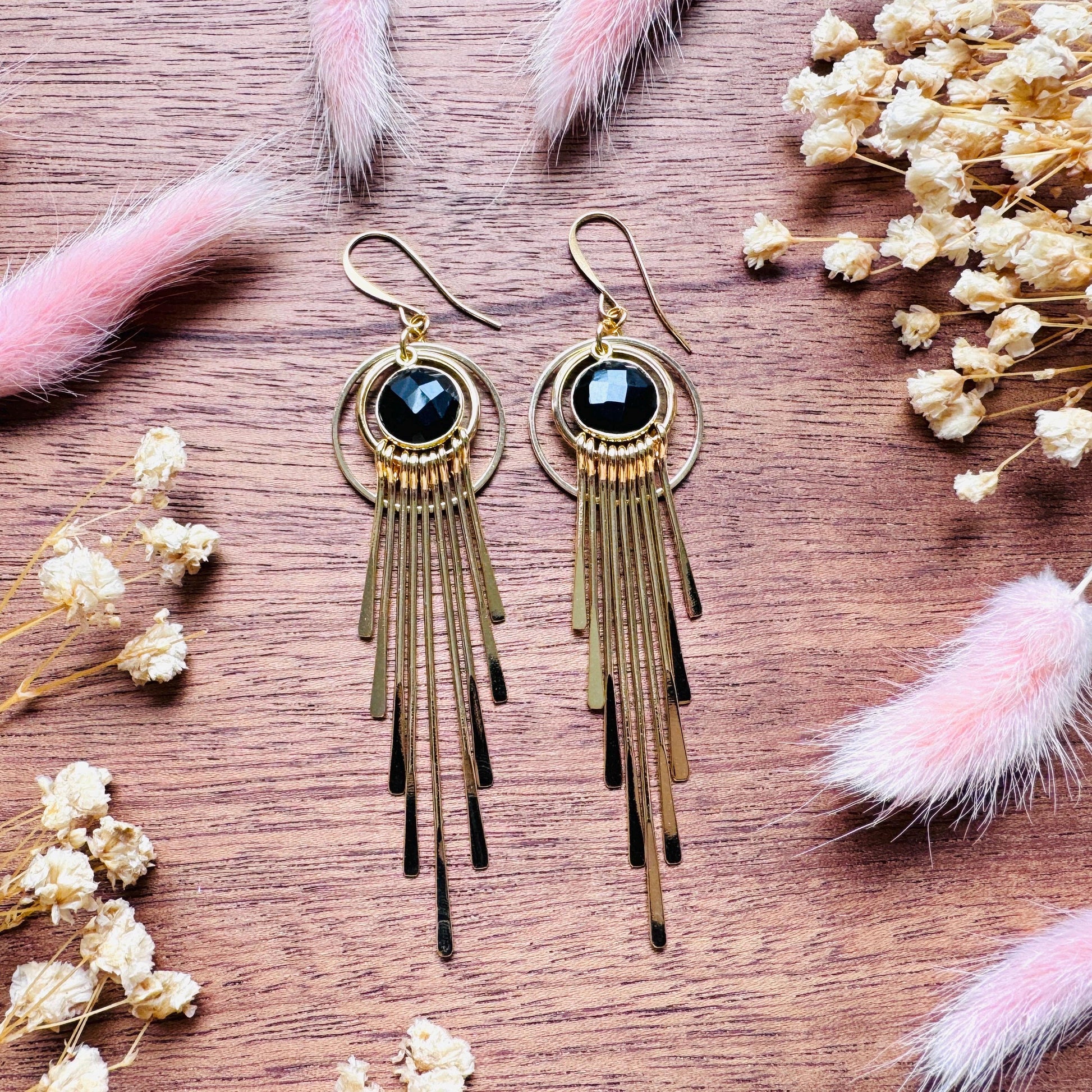 Onyx Earrings Dangle, Fringe Earrings, Witchy Earrings, Boho Earrings Gold, Gemstone Earrings, Art Deco Earrings, Bridal Jewelry, Black