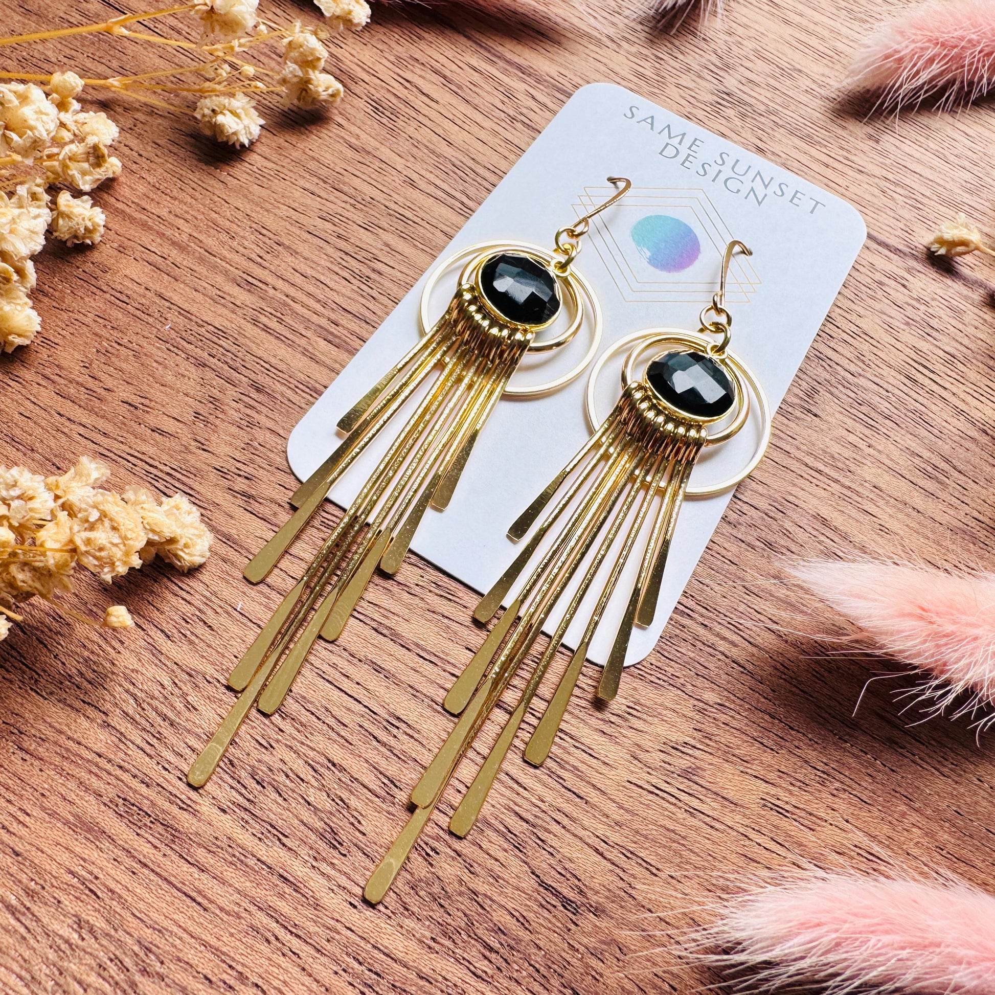 Onyx Earrings Dangle, Fringe Earrings, Witchy Earrings, Boho Earrings Gold, Gemstone Earrings, Art Deco Earrings, Bridal Jewelry, Black