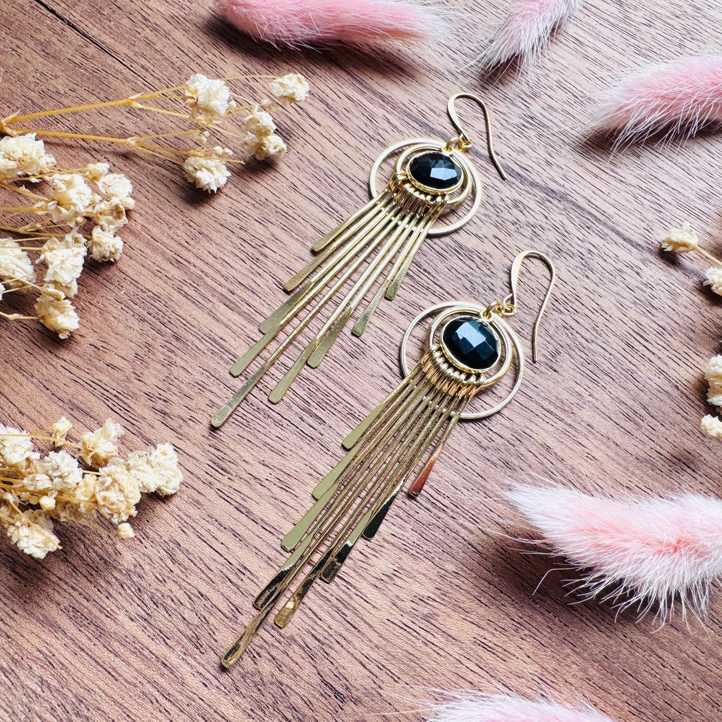 Onyx Earrings Dangle, Fringe Earrings, Witchy Earrings, Boho Earrings Gold, Gemstone Earrings, Art Deco Earrings, Bridal Jewelry, Black