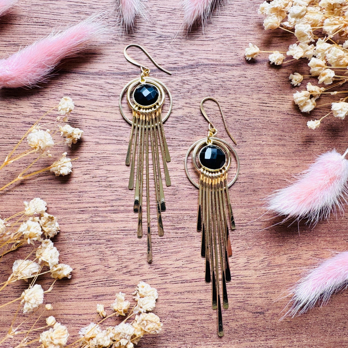 Onyx Earrings Dangle, Fringe Earrings, Witchy Earrings, Boho Earrings Gold, Gemstone Earrings, Art Deco Earrings, Bridal Jewelry, Black
