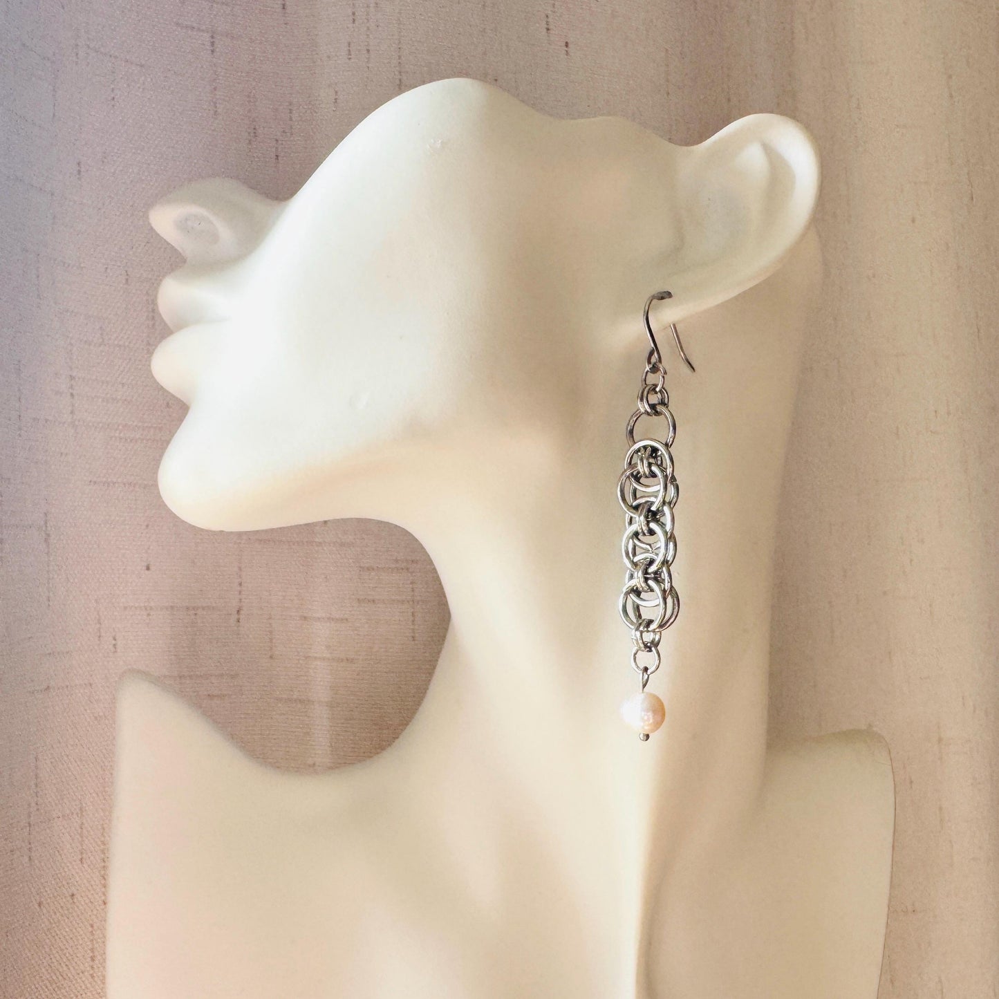 Chainmail Earrings Stainless Steel, Pearls, Goth Earrings, Punk Earrings, Gothic Earrings Men, Witchy Gifts for Her, Goth Girl Gifts,