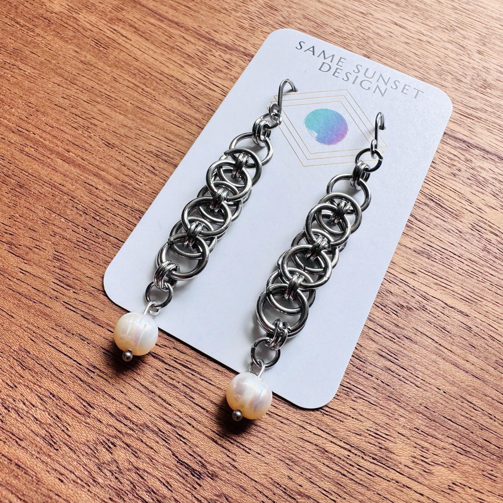 Chainmail Earrings Stainless Steel, Pearls, Goth Earrings, Punk Earrings, Gothic Earrings Men, Witchy Gifts for Her, Goth Girl Gifts,