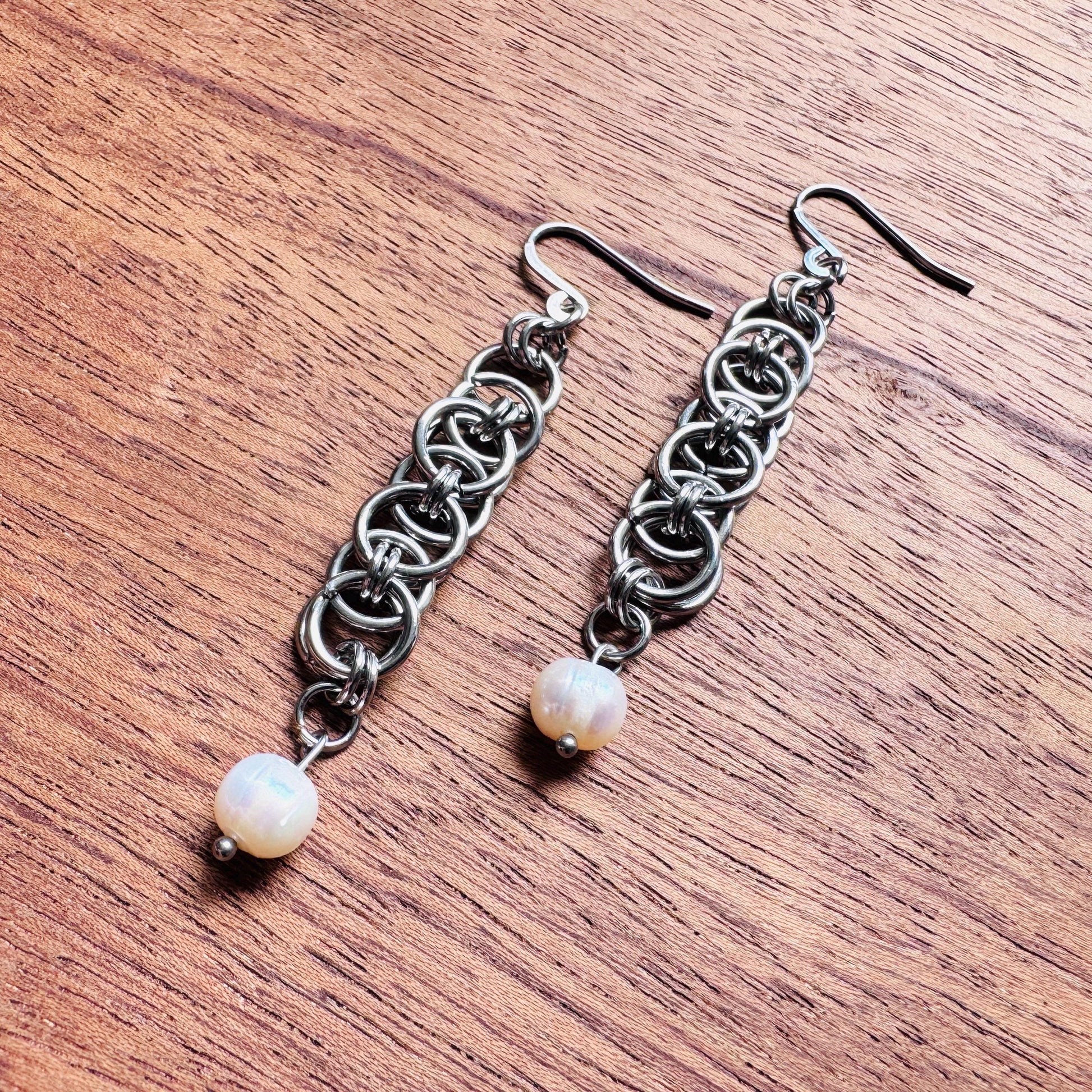 Chainmail Earrings Stainless Steel, Pearls, Goth Earrings, Punk Earrings, Gothic Earrings Men, Witchy Gifts for Her, Goth Girl Gifts,