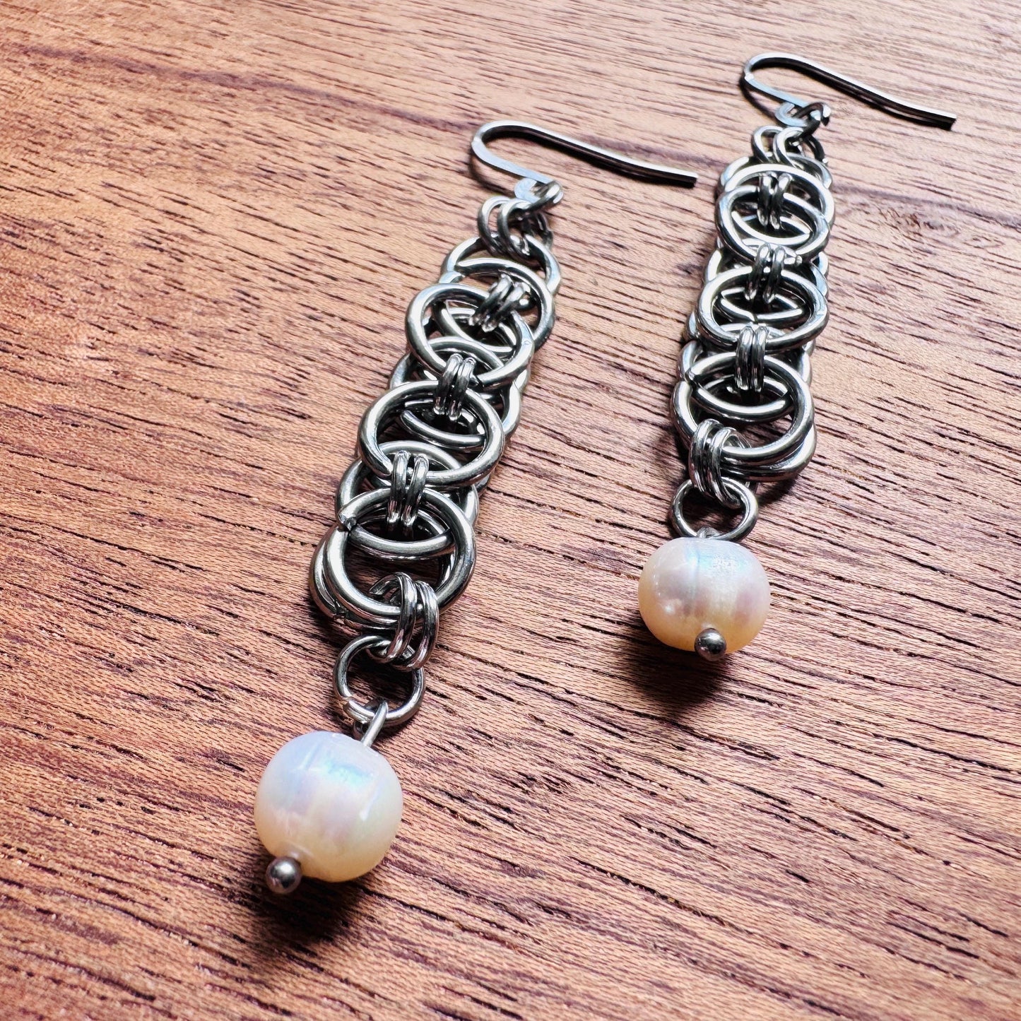 Chainmail Earrings Stainless Steel, Pearls, Goth Earrings, Punk Earrings, Gothic Earrings Men, Witchy Gifts for Her, Goth Girl Gifts,