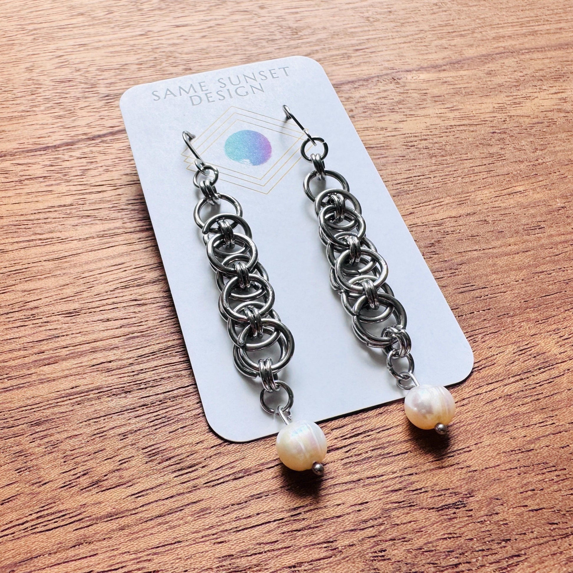 Chainmail Earrings Stainless Steel, Pearls, Goth Earrings, Punk Earrings, Gothic Earrings Men, Witchy Gifts for Her, Goth Girl Gifts,