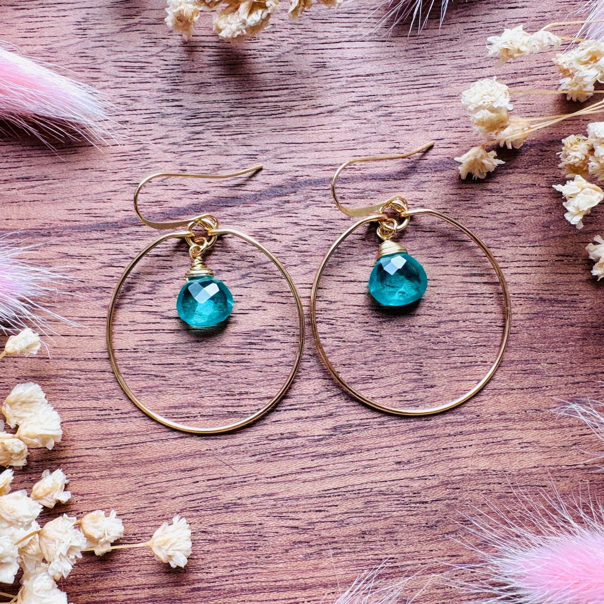 Apatite Earrings, Green Earrings, Natural Gemstone Jewelry, Wedding Jewelry, Gold Hoop Earrings for Women, Boho Chic, Mothers Day Gift Ideas