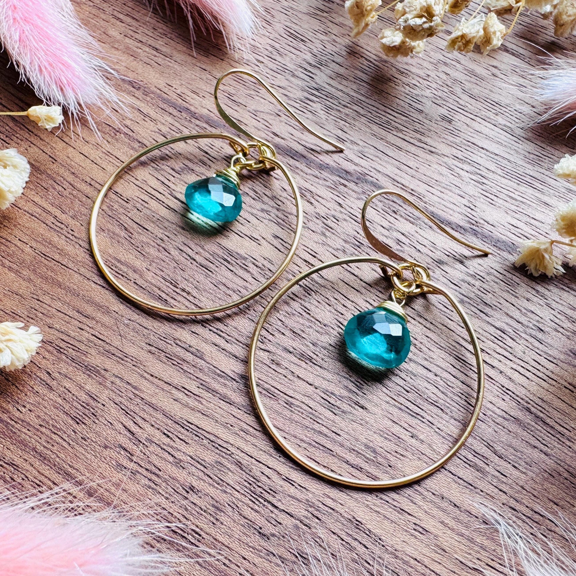 Apatite Earrings, Green Earrings, Natural Gemstone Jewelry, Wedding Jewelry, Gold Hoop Earrings for Women, Boho Chic, Mothers Day Gift Ideas