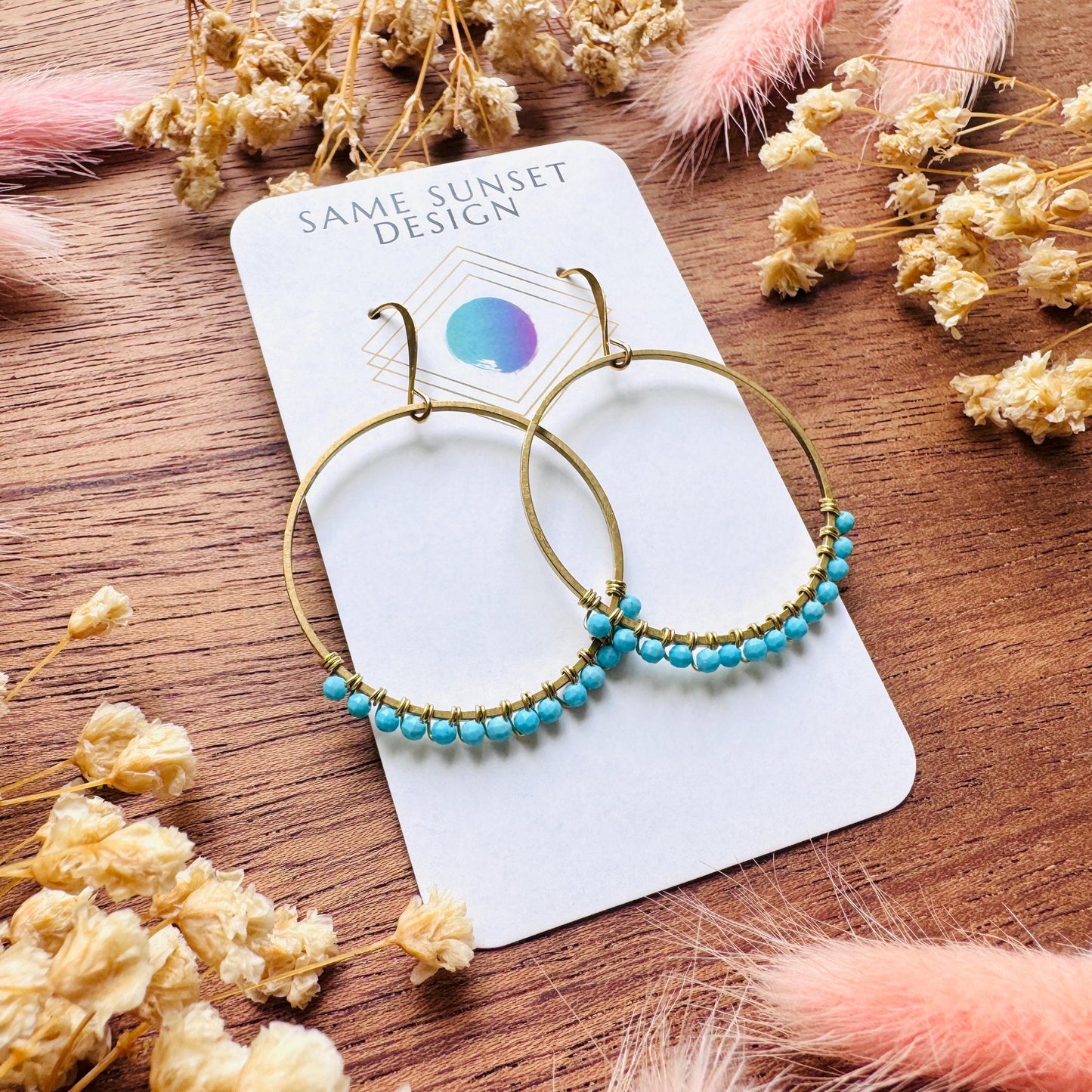 Turquoise Hoop Earrings, Brass Hoops, Gold Hoop Earrings for Women, Boho Chic Earrings, Blue Jewelry, Tween Jewelry, Mothers Day Gift Ideas