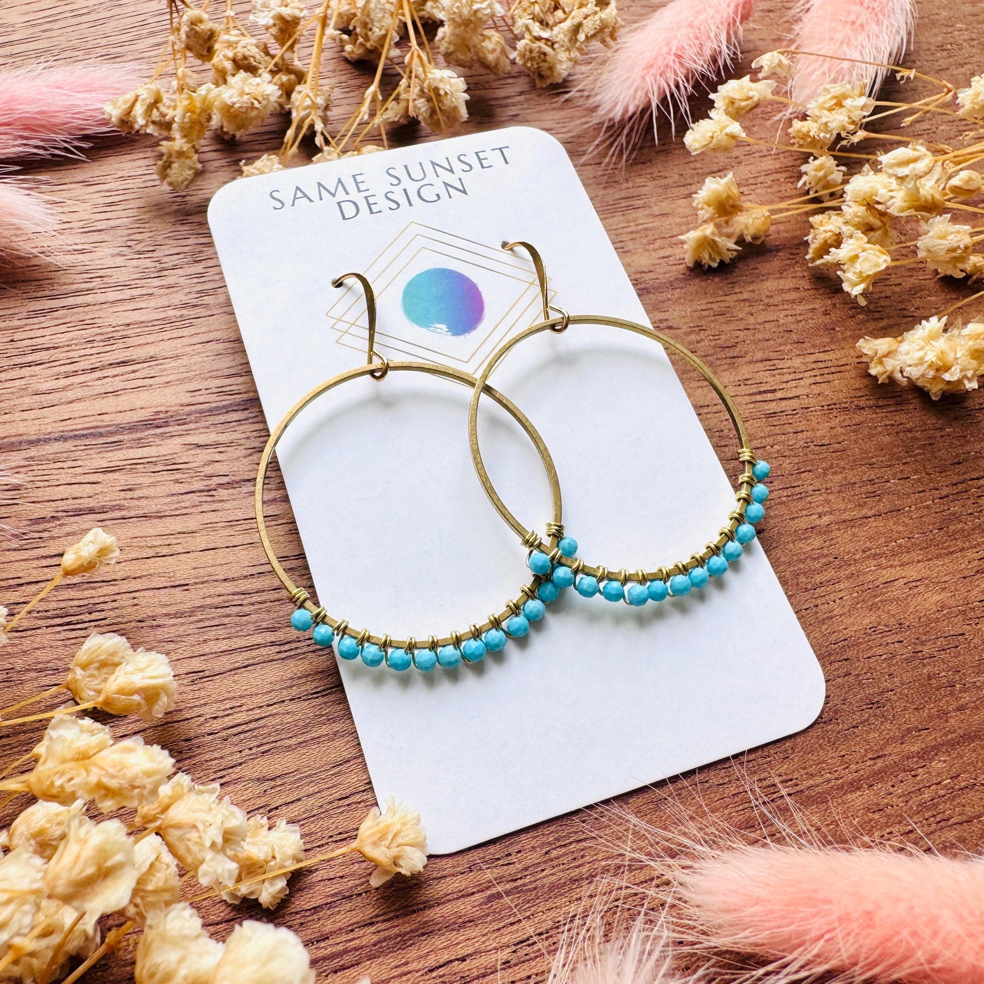 Turquoise Hoop Earrings, Brass Hoops, Gold Hoop Earrings for Women, Boho Chic Earrings, Blue Jewelry, Tween Jewelry, Mothers Day Gift Ideas