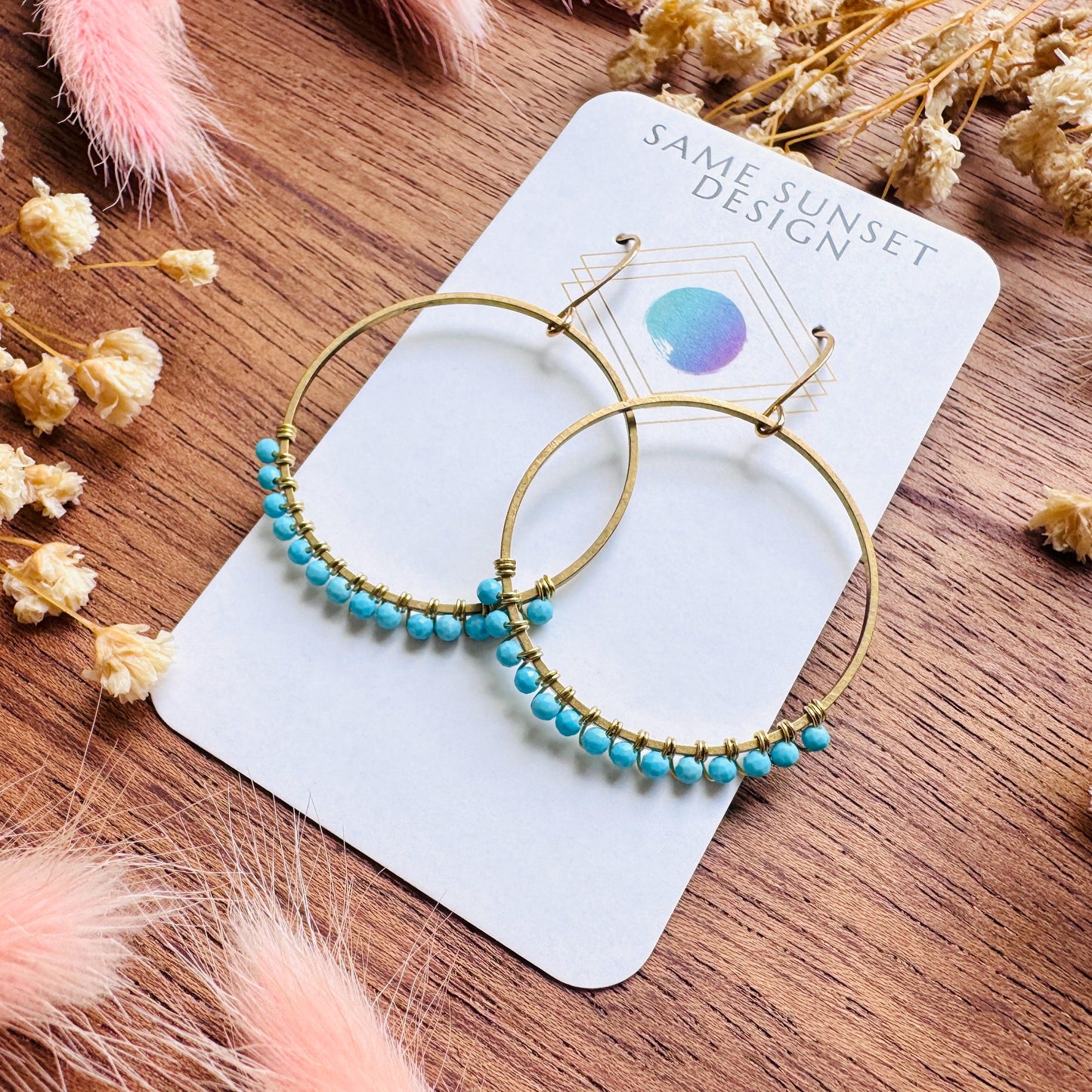 Turquoise Hoop Earrings, Brass Hoops, Gold Hoop Earrings for Women, Boho Chic Earrings, Blue Jewelry, Tween Jewelry, Mothers Day Gift Ideas