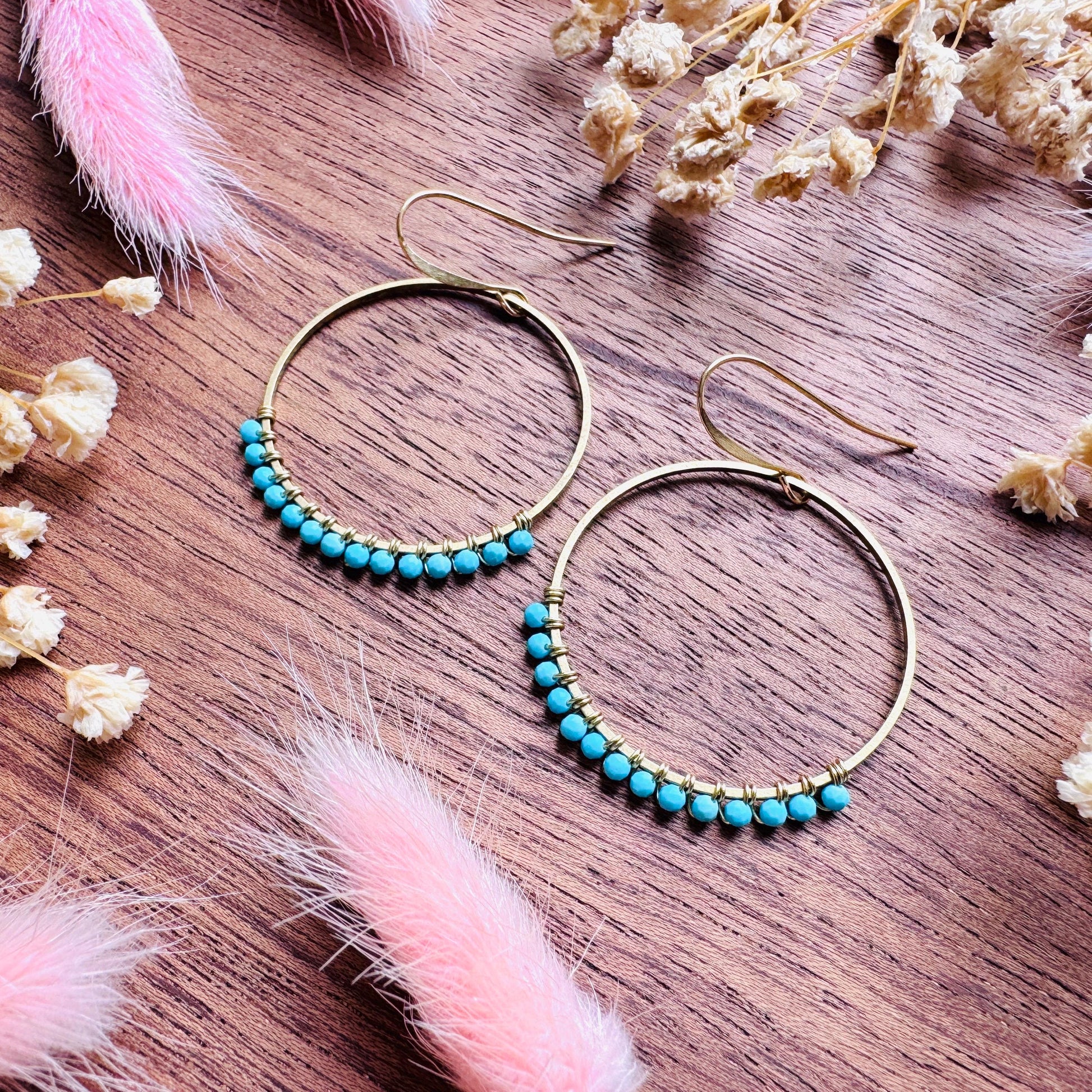 Turquoise Hoop Earrings, Brass Hoops, Gold Hoop Earrings for Women, Boho Chic Earrings, Blue Jewelry, Tween Jewelry, Mothers Day Gift Ideas