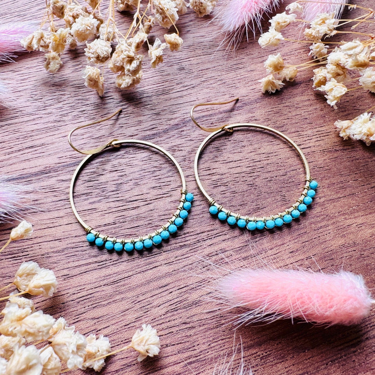 Turquoise Hoop Earrings, Brass Hoops, Gold Hoop Earrings for Women, Boho Chic Earrings, Blue Jewelry, Tween Jewelry, Mothers Day Gift Ideas