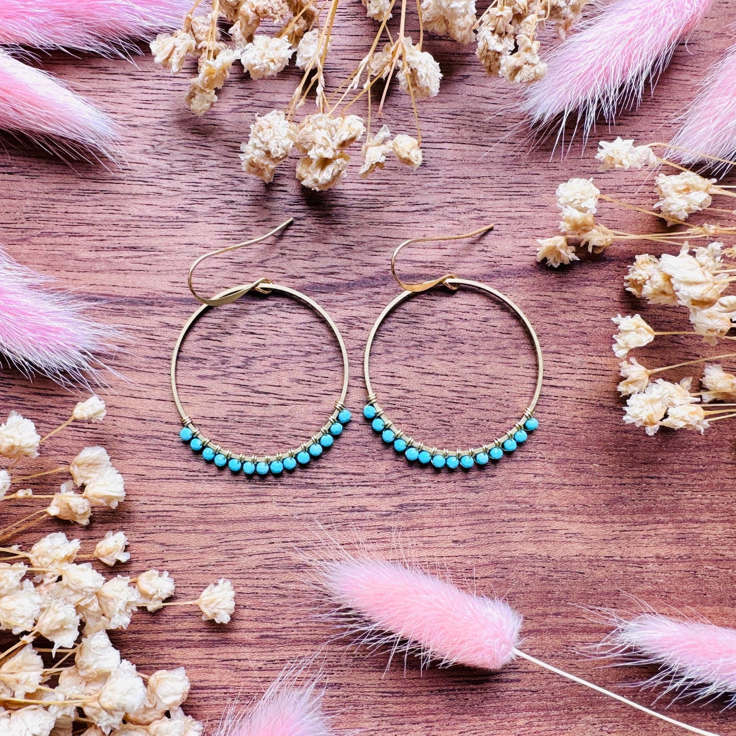 Turquoise Hoop Earrings, Brass Hoops, Gold Hoop Earrings for Women, Boho Chic Earrings, Blue Jewelry, Tween Jewelry, Mothers Day Gift Ideas
