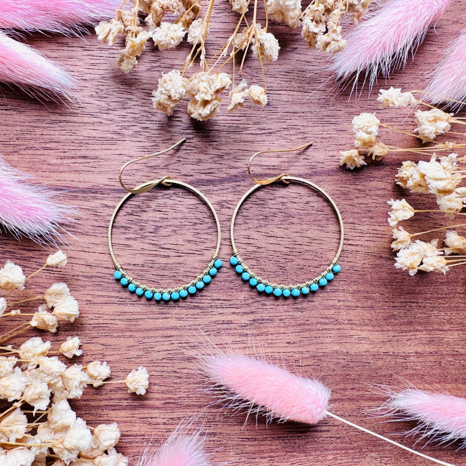 Turquoise Hoop Earrings, Brass Hoops, Gold Hoop Earrings for Women, Boho Chic Earrings, Blue Jewelry, Tween Jewelry, Mothers Day Gift Ideas