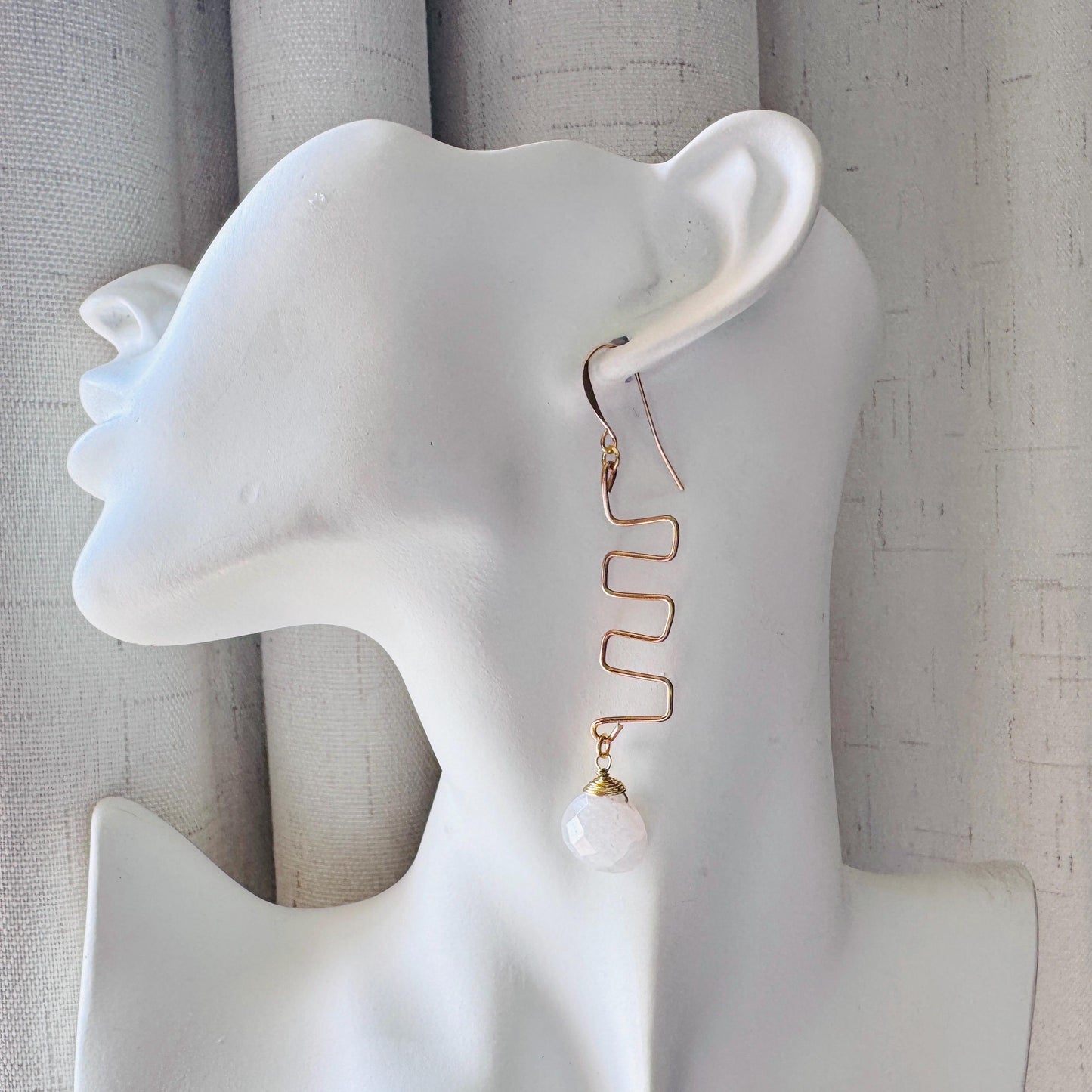 Rainbow Moonstone Drop Earrings, Gold Wave Wire Dangle Earrings, Minimalist Moonstone Jewelry, June Birthstone Gift for Her, Mothers Day