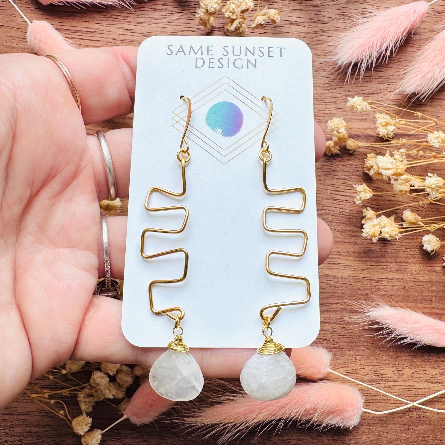 Rainbow Moonstone Drop Earrings, Gold Wave Wire Dangle Earrings, Minimalist Moonstone Jewelry, June Birthstone Gift for Her, Mothers Day