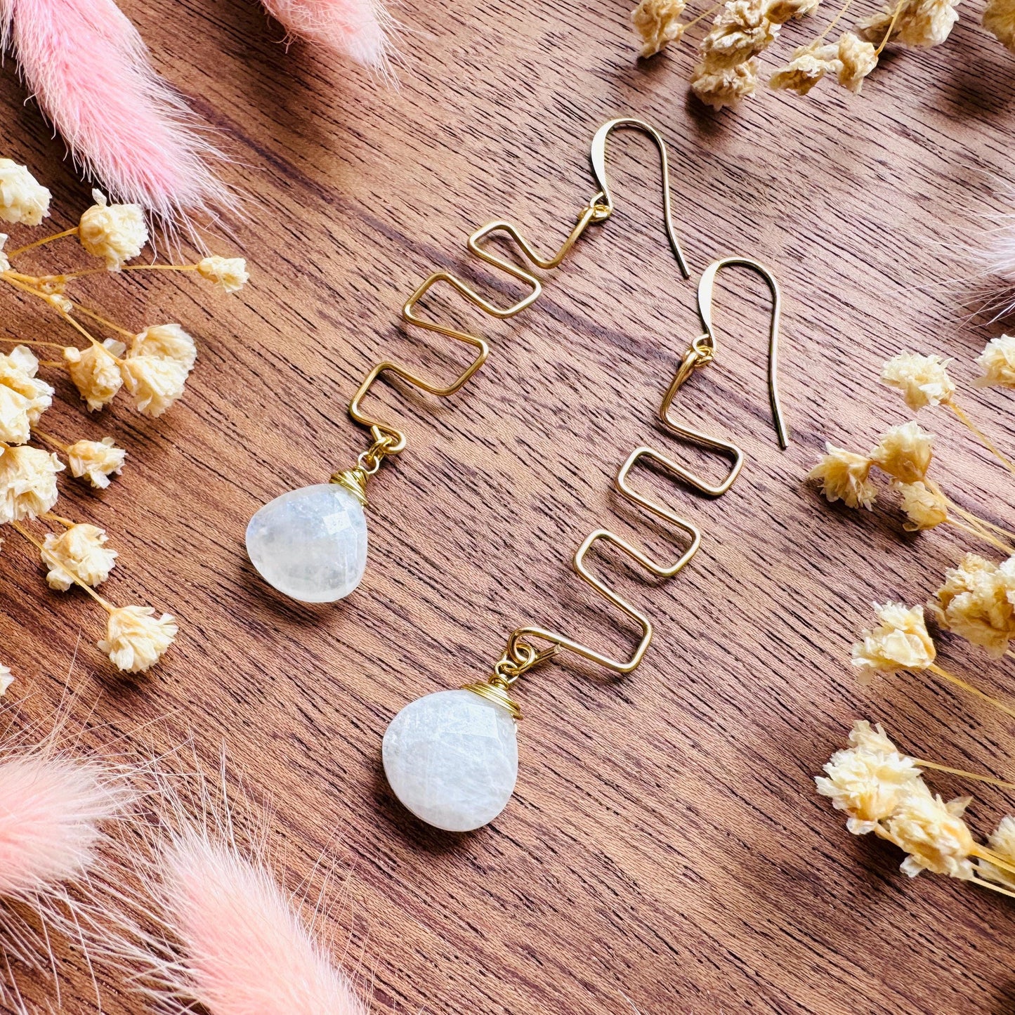 Rainbow Moonstone Drop Earrings, Gold Wave Wire Dangle Earrings, Minimalist Moonstone Jewelry, June Birthstone Gift for Her, Mothers Day