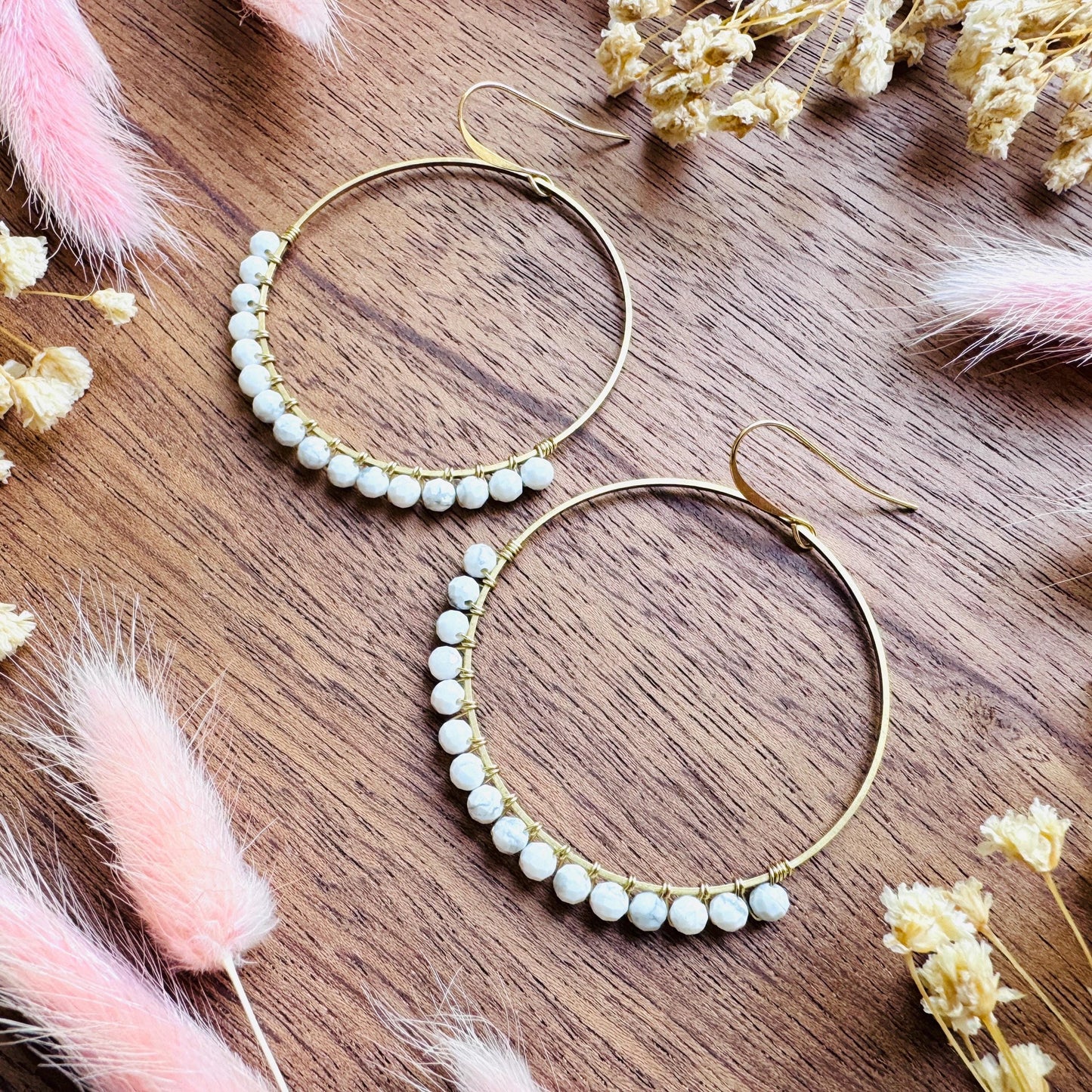 Howlite Earrings, Bead Hoops, Witchy Earrings, Celestial Earrings Gold, Beachy Jewelry, Boho Chic, Teacher Gift, Mothers Day Gift Ideas