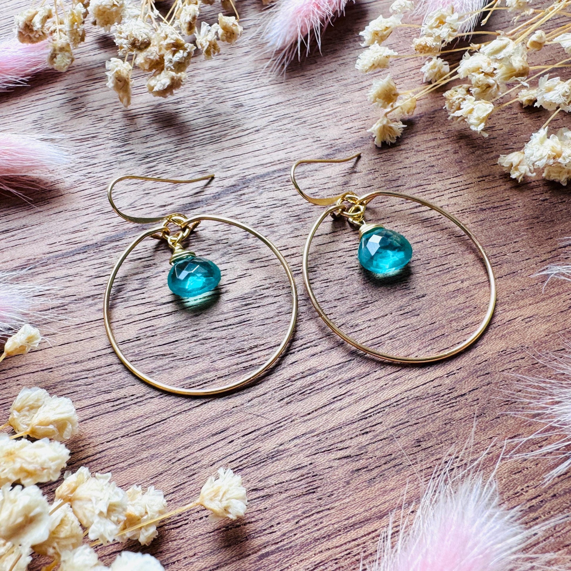 Apatite Earrings, Green Earrings, Natural Gemstone Jewelry, Wedding Jewelry, Gold Hoop Earrings for Women, Boho Chic, Mothers Day Gift Ideas