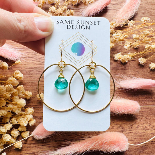 Apatite Earrings, Green Earrings, Natural Gemstone Jewelry, Wedding Jewelry, Gold Hoop Earrings for Women, Boho Chic, Mothers Day Gift Ideas