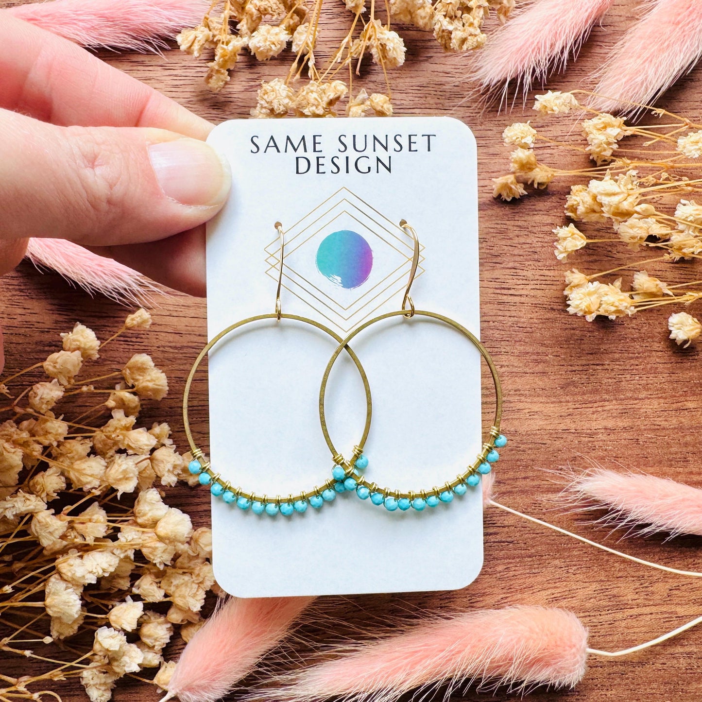 Turquoise Hoop Earrings, Brass Hoops, Gold Hoop Earrings for Women, Boho Chic Earrings, Blue Jewelry, Tween Jewelry, Mothers Day Gift Ideas