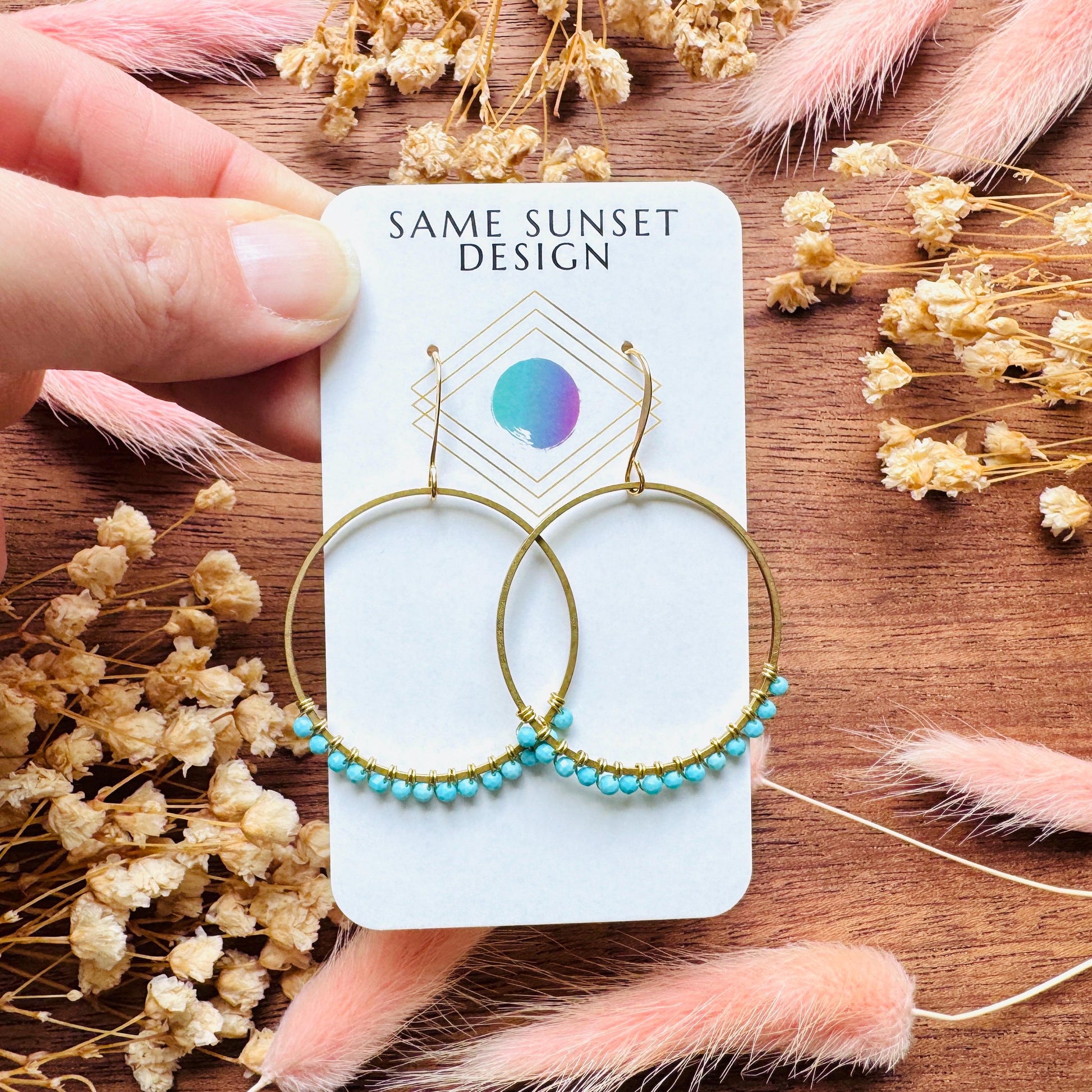 Turquoise Hoop Earrings, Brass Hoops, Gold Hoop Earrings for Women, Boho Chic Earrings, Blue Jewelry, Tween Jewelry, Mothers Day Gift Ideas