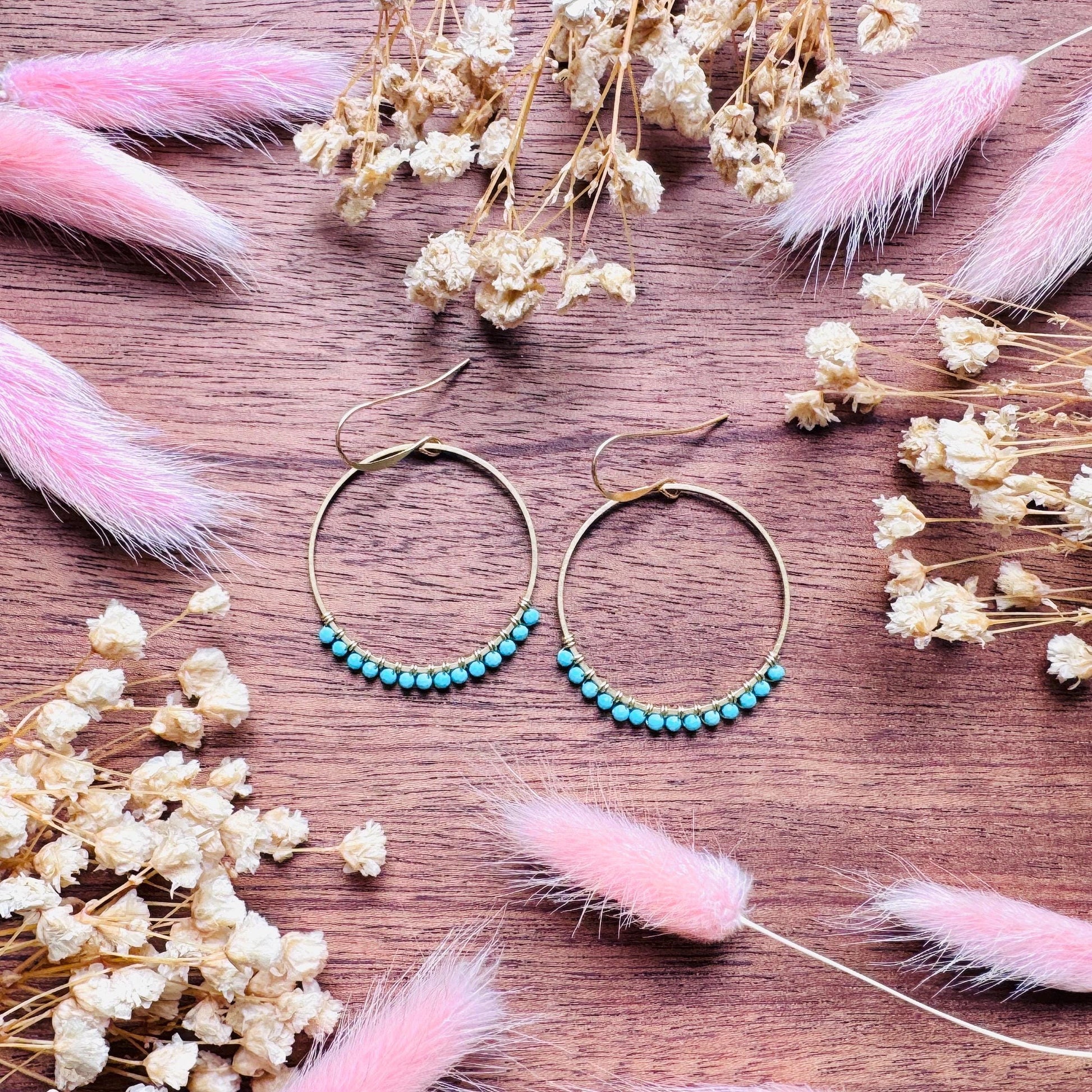 Turquoise Hoop Earrings, Brass Hoops, Gold Hoop Earrings for Women, Boho Chic Earrings, Blue Jewelry, Tween Jewelry, Mothers Day Gift Ideas
