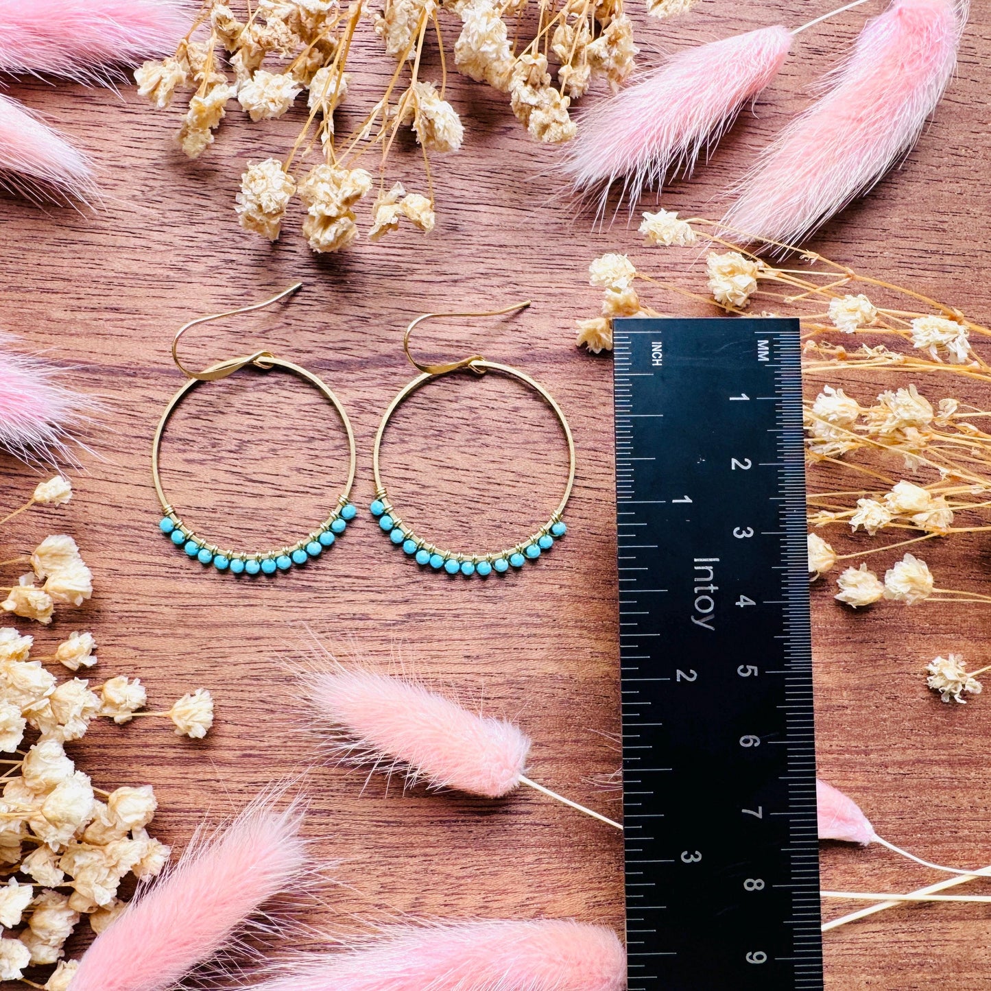 Turquoise Hoop Earrings, Brass Hoops, Gold Hoop Earrings for Women, Boho Chic Earrings, Blue Jewelry, Tween Jewelry, Mothers Day Gift Ideas