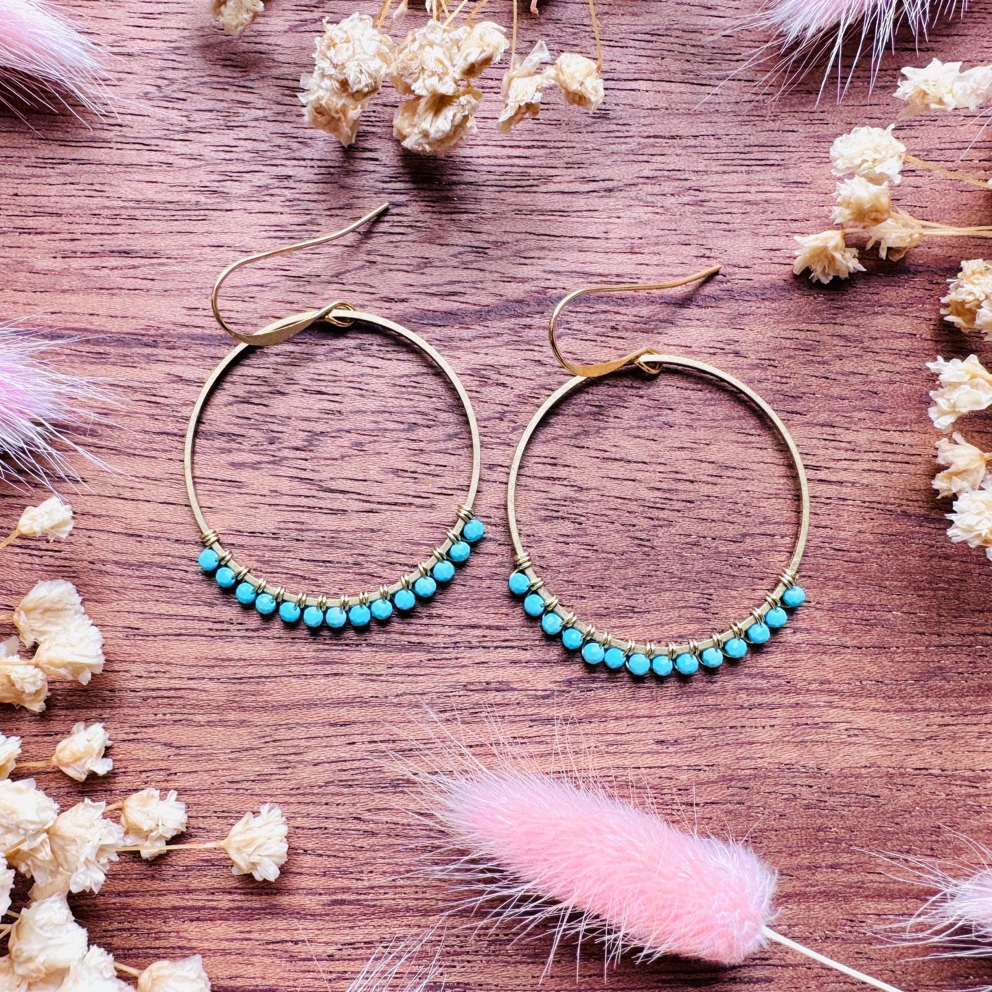 Turquoise Hoop Earrings, Brass Hoops, Gold Hoop Earrings for Women, Boho Chic Earrings, Blue Jewelry, Tween Jewelry, Mothers Day Gift Ideas