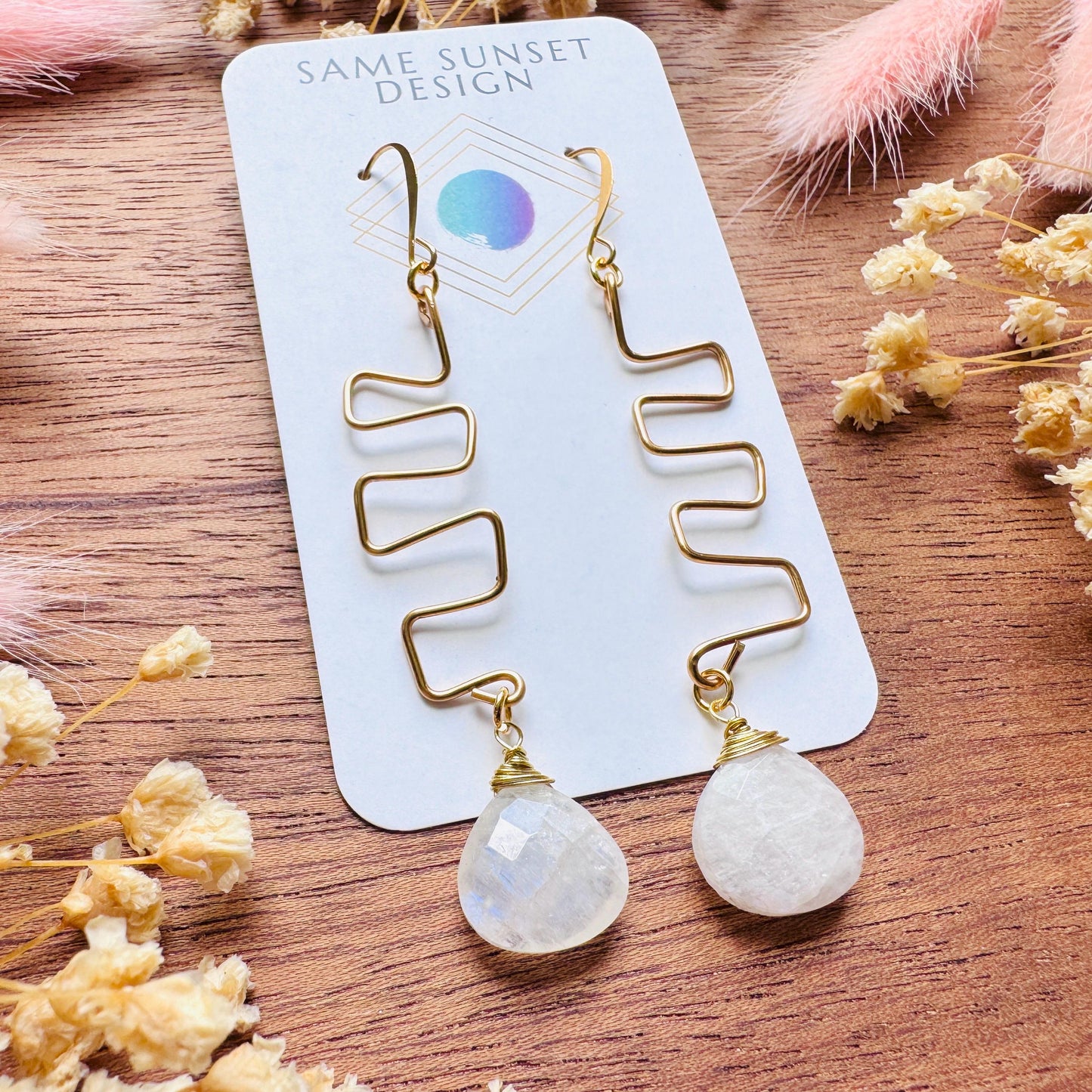 Rainbow Moonstone Drop Earrings, Gold Wave Wire Dangle Earrings, Minimalist Moonstone Jewelry, June Birthstone Gift for Her, Mothers Day