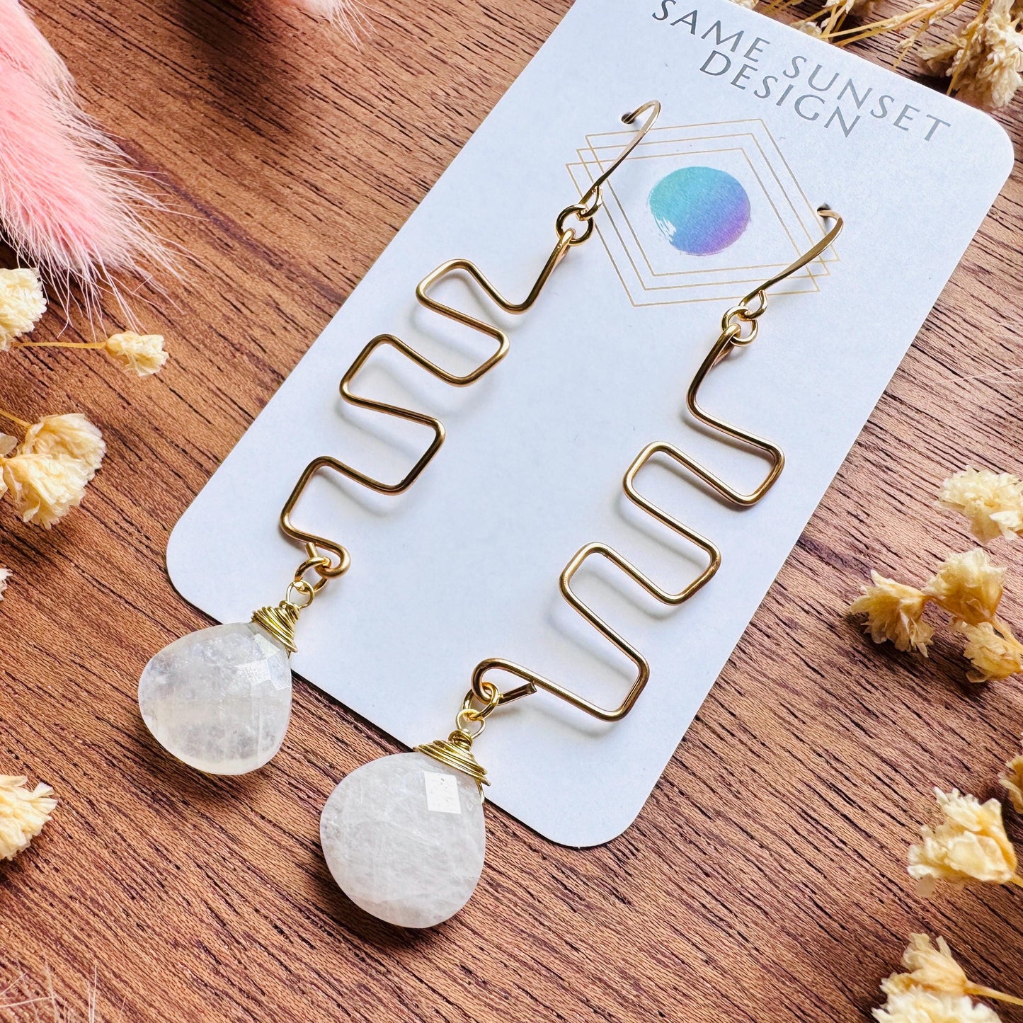 Rainbow Moonstone Drop Earrings, Gold Wave Wire Dangle Earrings, Minimalist Moonstone Jewelry, June Birthstone Gift for Her, Mothers Day