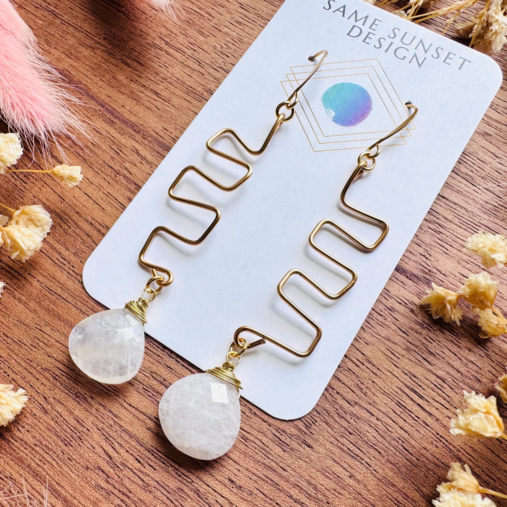 Rainbow Moonstone Drop Earrings, Gold Wave Wire Dangle Earrings, Minimalist Moonstone Jewelry, June Birthstone Gift for Her, Mothers Day