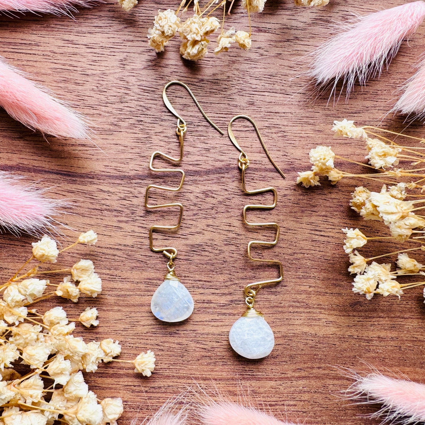 Rainbow Moonstone Drop Earrings, Gold Wave Wire Dangle Earrings, Minimalist Moonstone Jewelry, June Birthstone Gift for Her, Mothers Day