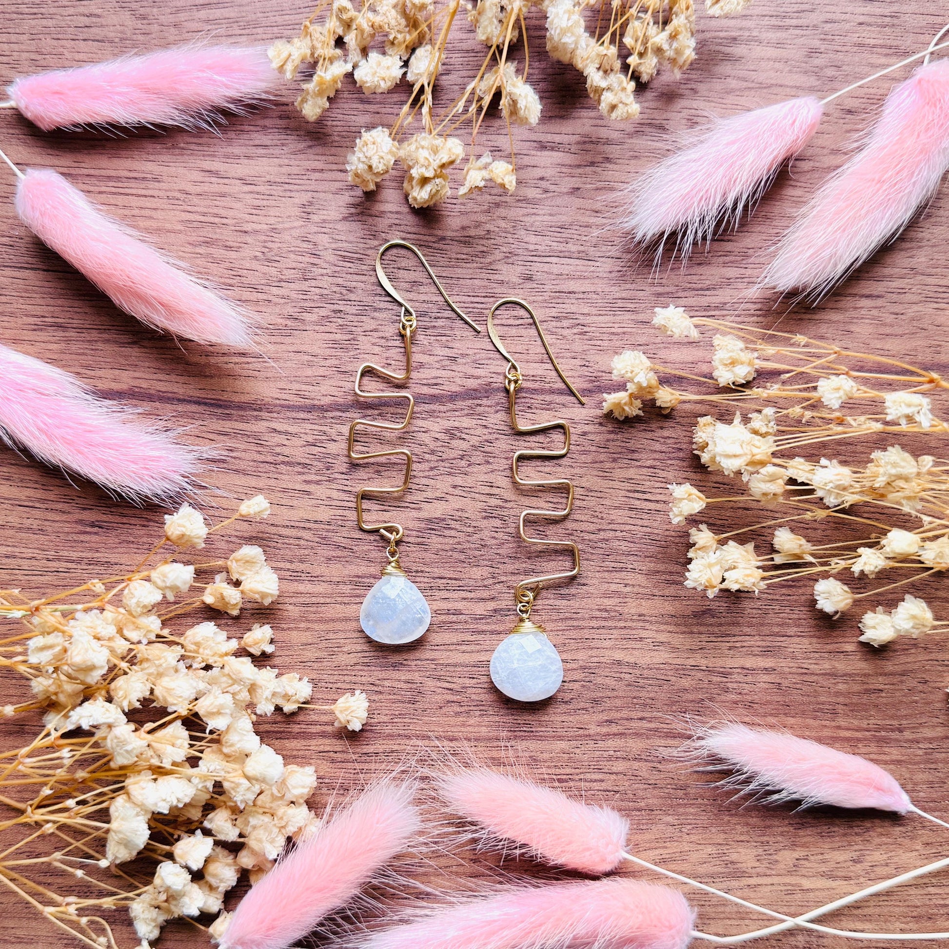 Rainbow Moonstone Drop Earrings, Gold Wave Wire Dangle Earrings, Minimalist Moonstone Jewelry, June Birthstone Gift for Her, Mothers Day