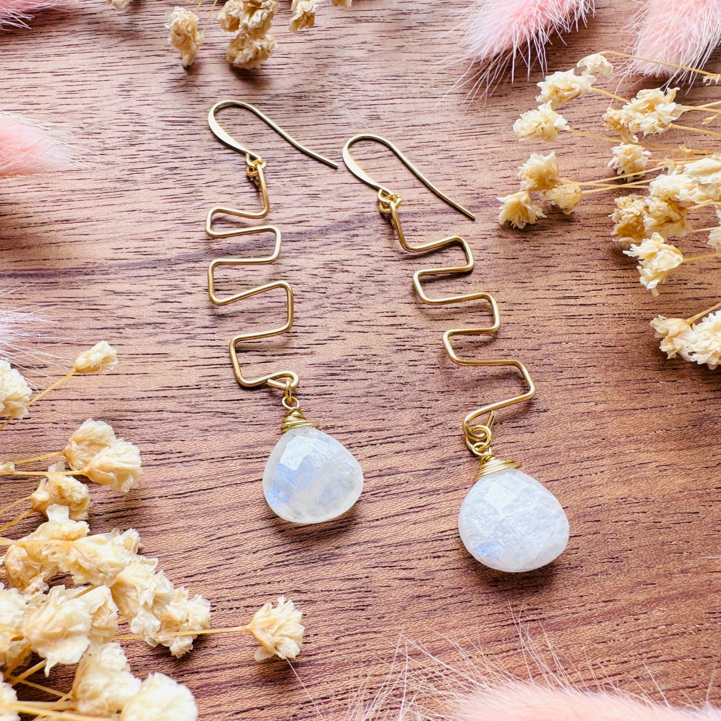Rainbow Moonstone Drop Earrings, Gold Wave Wire Dangle Earrings, Minimalist Moonstone Jewelry, June Birthstone Gift for Her, Mothers Day