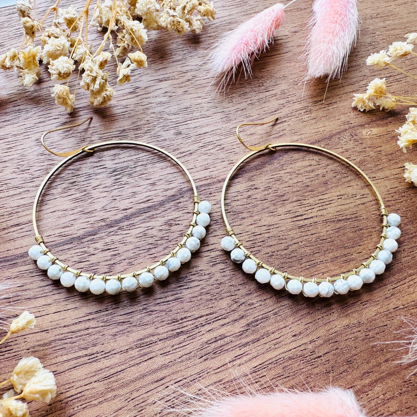 Howlite Earrings, Bead Hoops, Witchy Earrings, Celestial Earrings Gold, Beachy Jewelry, Boho Chic, Teacher Gift, Mothers Day Gift Ideas