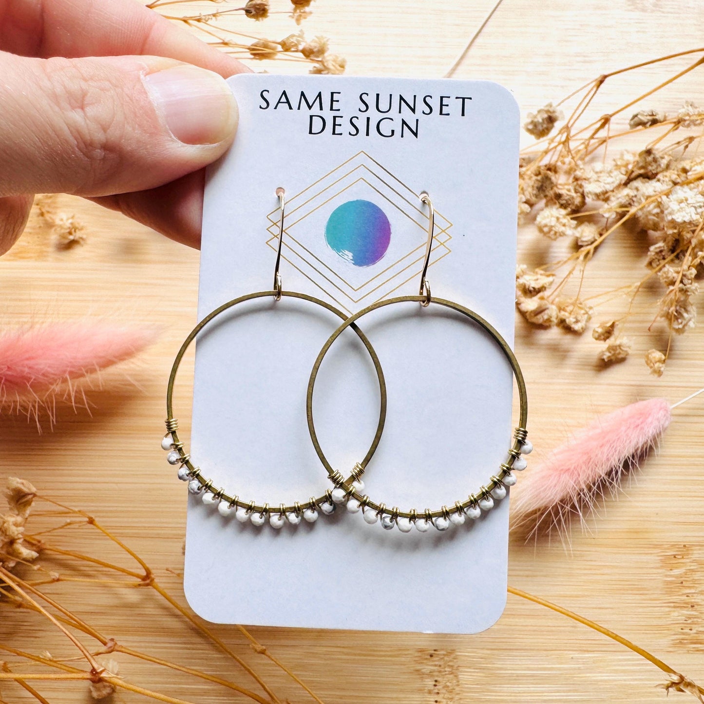 Howlite Earrings, Bead Hoops, Celestial Earrings Gold, Beachy Jewelry, Earrings for Bride, Wedding Jewelry, Mothers Day Gift Ideas