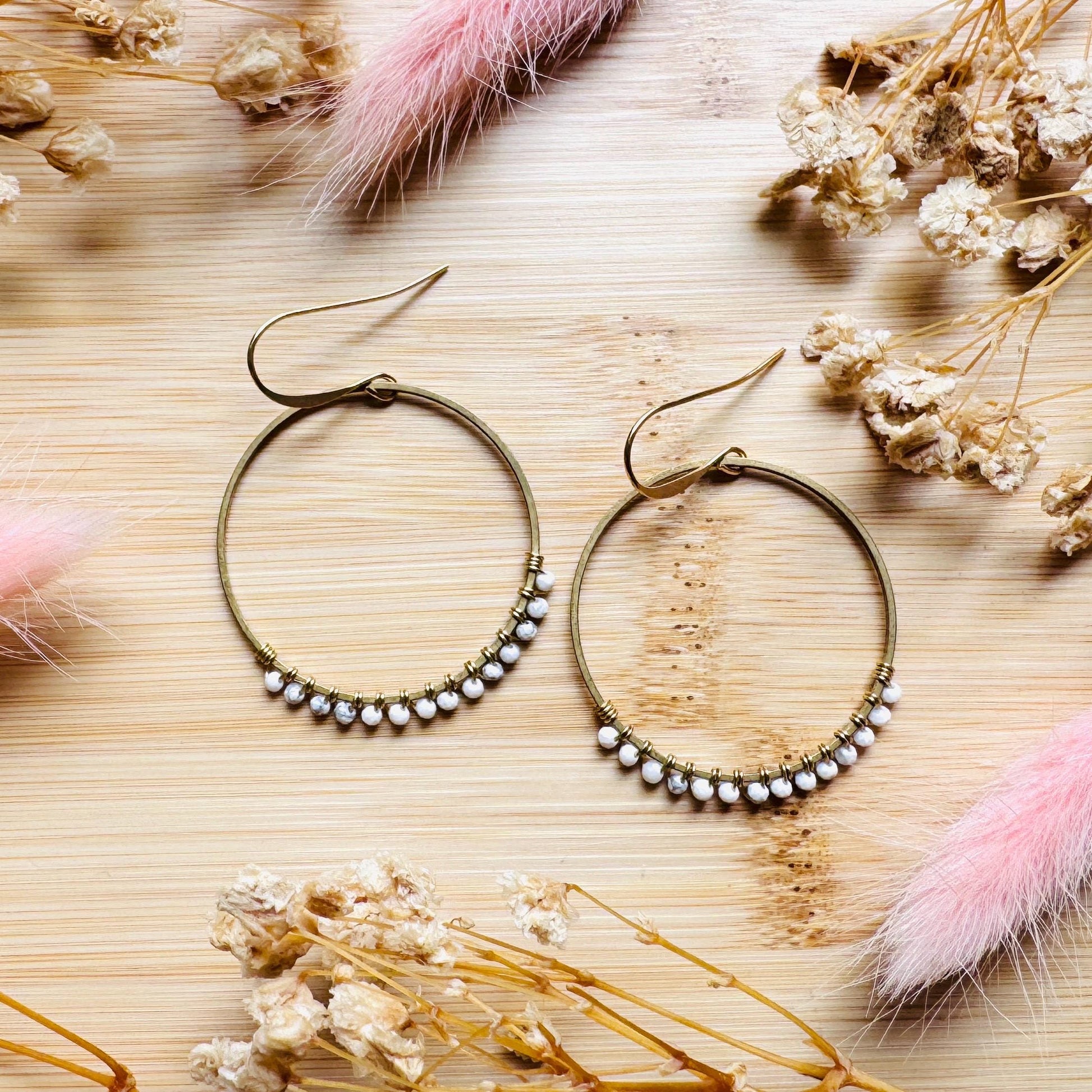 Howlite Earrings, Bead Hoops, Celestial Earrings Gold, Beachy Jewelry, Earrings for Bride, Wedding Jewelry, Mothers Day Gift Ideas
