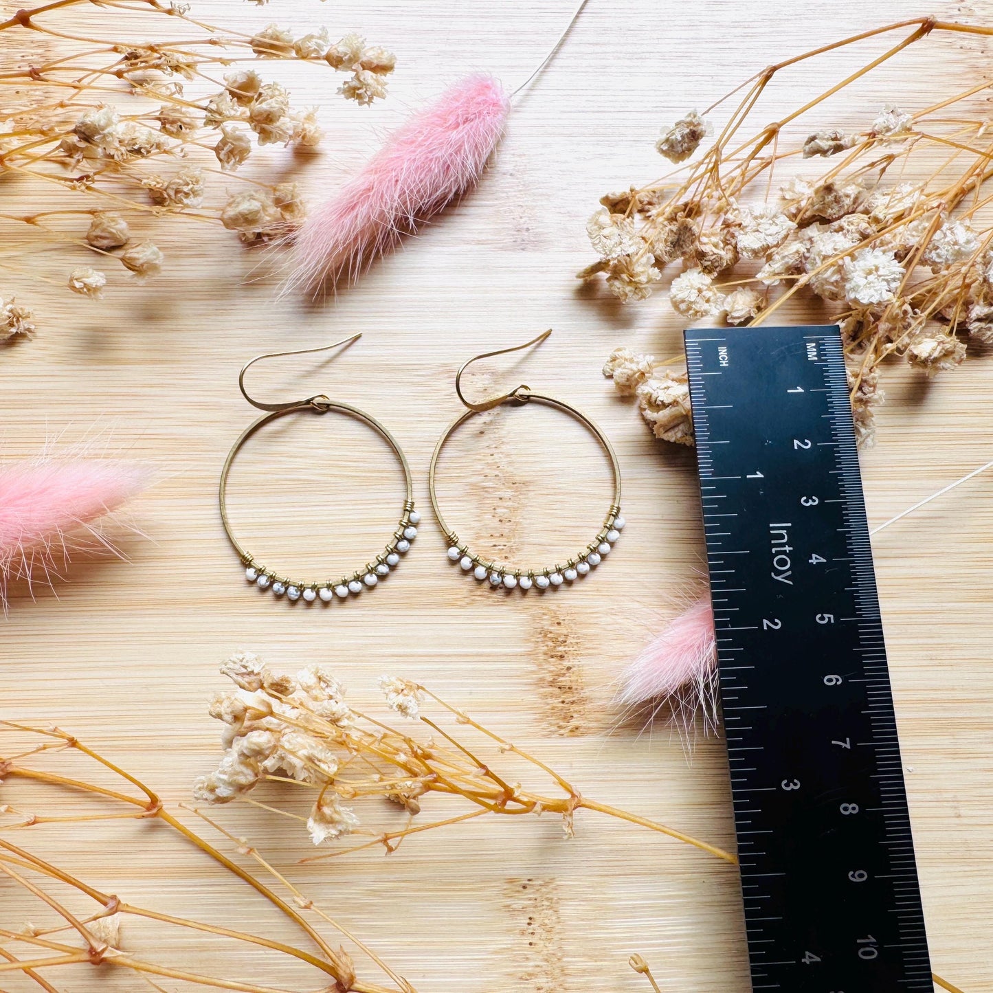 Howlite Earrings, Bead Hoops, Celestial Earrings Gold, Beachy Jewelry, Earrings for Bride, Wedding Jewelry, Mothers Day Gift Ideas