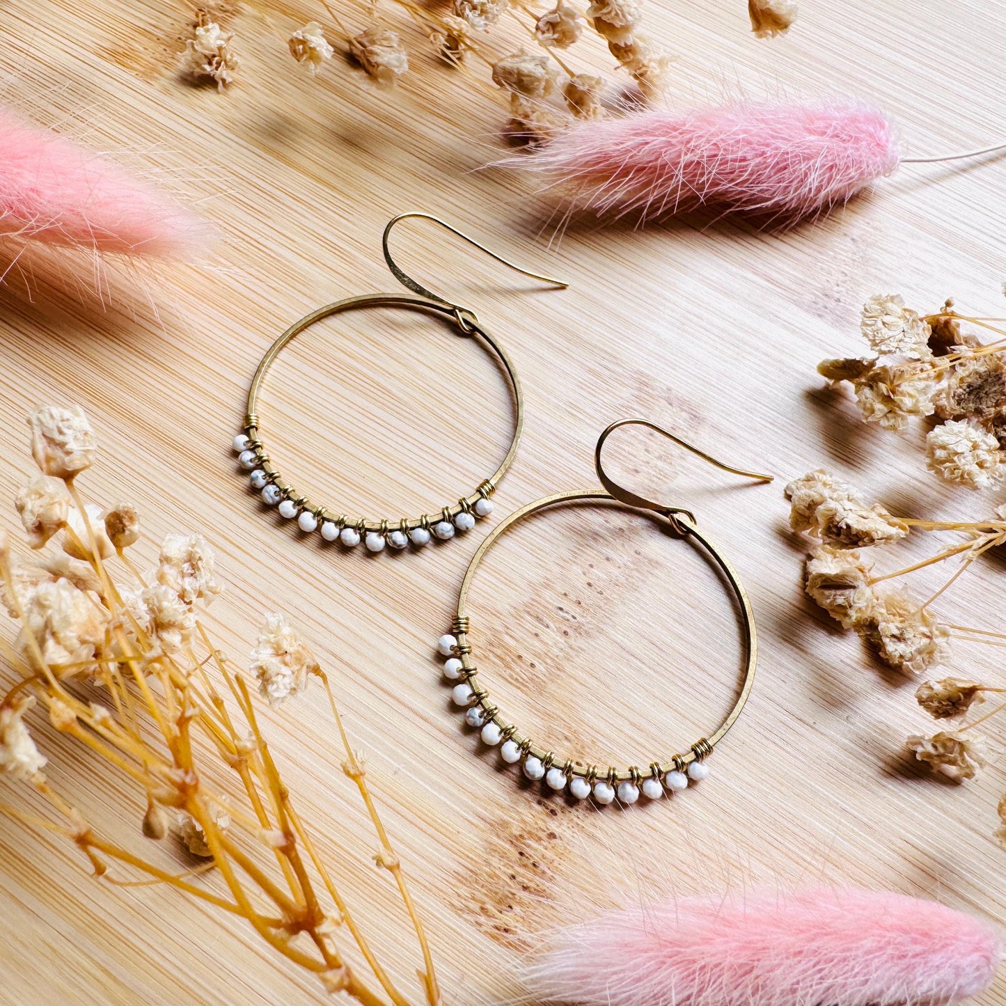 Howlite Earrings, Bead Hoops, Celestial Earrings Gold, Beachy Jewelry, Earrings for Bride, Wedding Jewelry, Mothers Day Gift Ideas