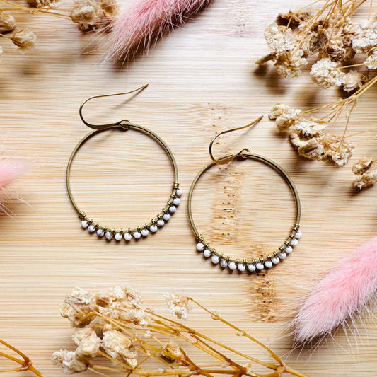 Howlite Earrings, Bead Hoops, Celestial Earrings Gold, Beachy Jewelry, Earrings for Bride, Wedding Jewelry, Mothers Day Gift Ideas