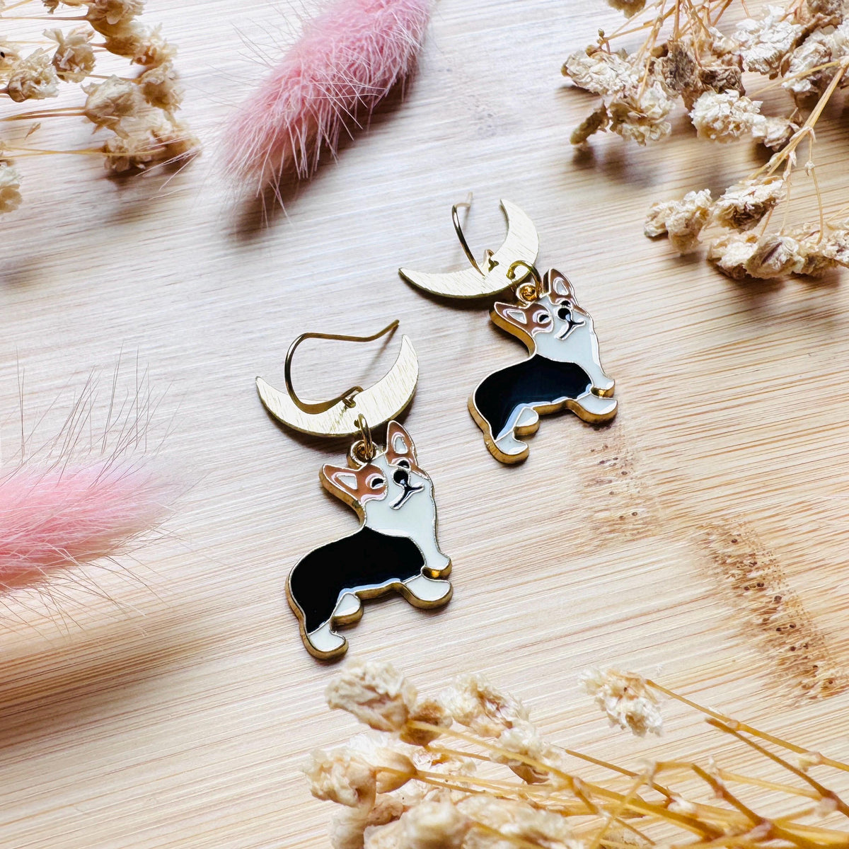 Dog Earrings Dangle, Corgi Earrings, Brass Moon Earrings, Cute Earrings, Trendy Jewelry 2026, Mothers Day Gift From Son, Dog Lover Gifts