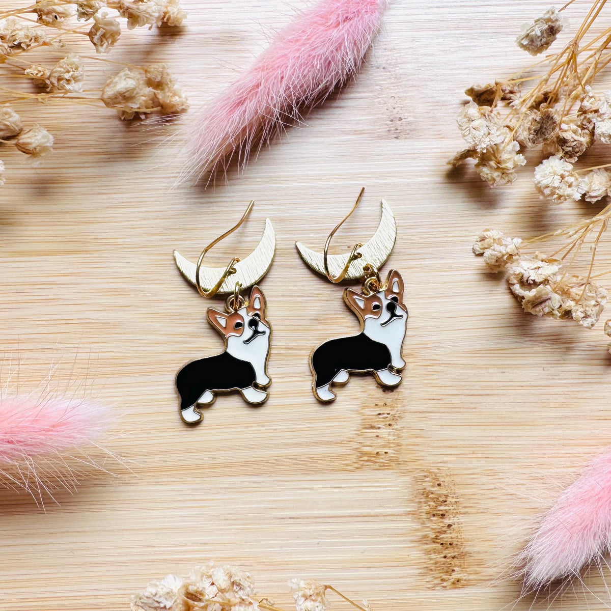 Dog Earrings Dangle, Corgi Earrings, Brass Moon Earrings, Cute Earrings, Trendy Jewelry 2026, Mothers Day Gift From Son, Dog Lover Gifts